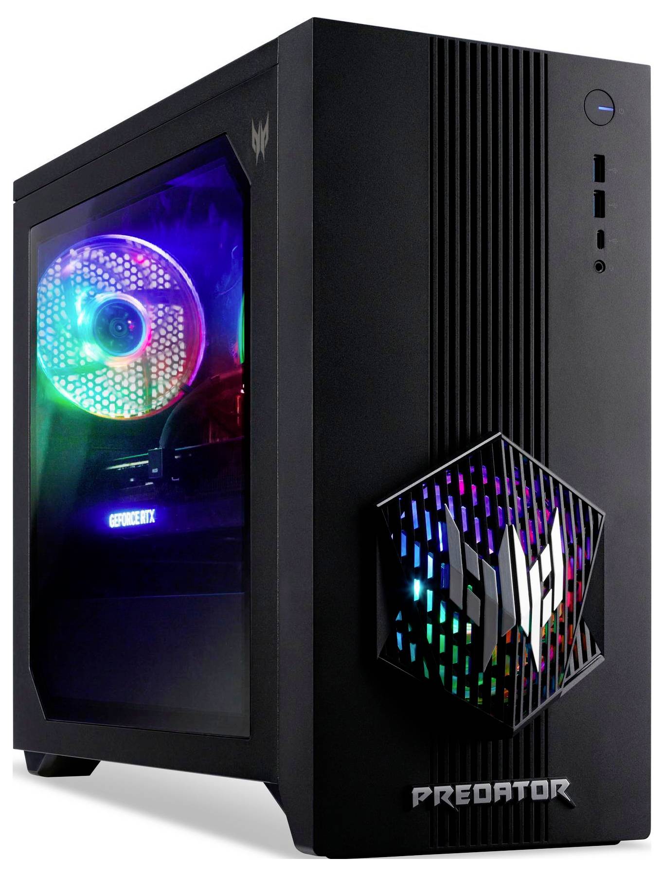 Ein schwarzer Gaming-Computer-Tower mit einem transparenten Seitenpanel, das bunte, leuchtende Lüfter im Inneren zeigt. Die Vorderseite trägt den Schriftzug 'PREDATOR'.