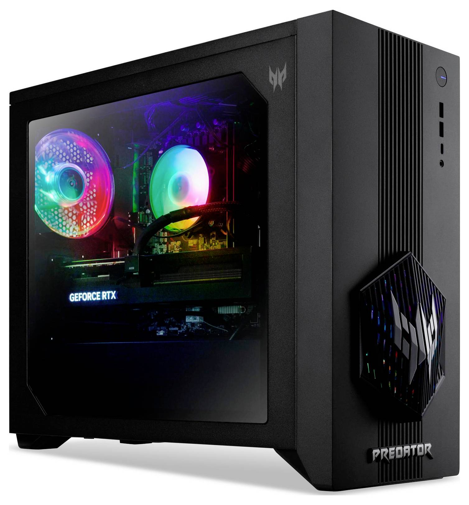 Ein schwarzer Gaming-Computer-Gehäuse mit sichtbarer interner RGB-Beleuchtung und 