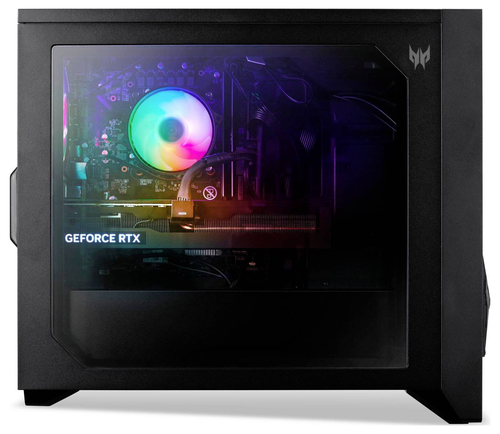 Eine Seitenansicht eines Gaming-Desktops mit einer transparenten Seitenscheibe, die RGB-Beleuchtung, eine Grafikkarte mit der Aufschrift 
