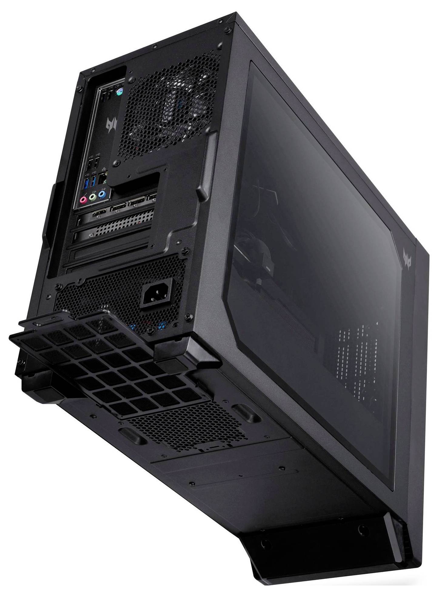 Ein schwarzes Computer-Tower-Gehäuse mit sichtbaren Kühlungsöffnungen und Anschlüssen auf der Rückseite.