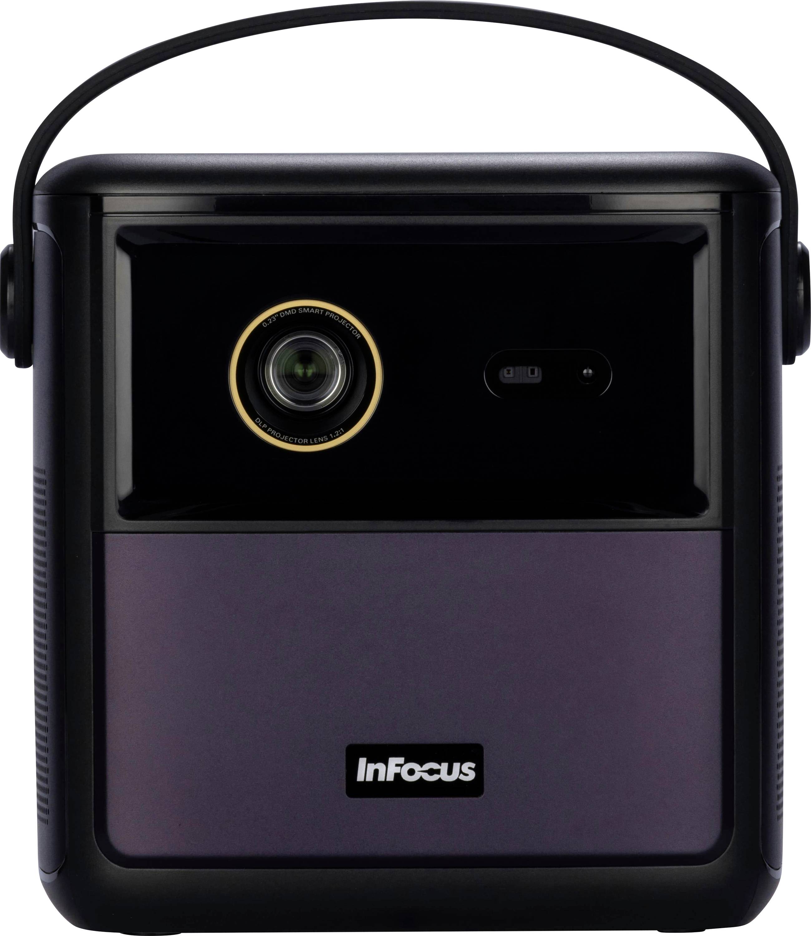 Tragbarer Projektor mit einer Linse an der Vorderseite, ausgestattet mit einem Griff zum einfachen Transport. Der Markenname 'InFocus' ist an der Vorderfront angebracht.