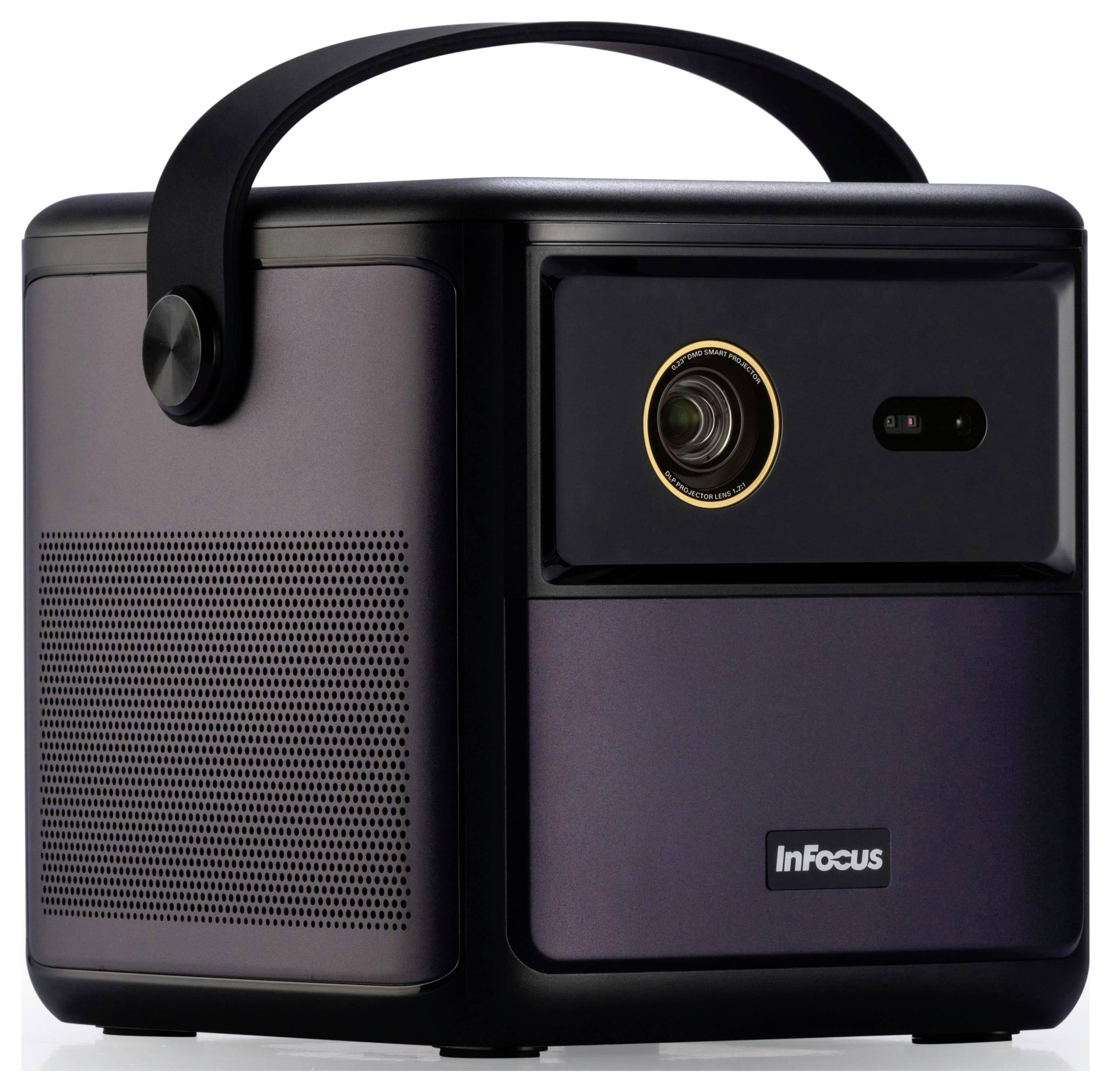 Tragbarer schwarzer und lila Projektor mit Griff, Linse und Lautsprecher-Gitter, entwickelt für einfachen Transport und vielseitigen Einsatz.