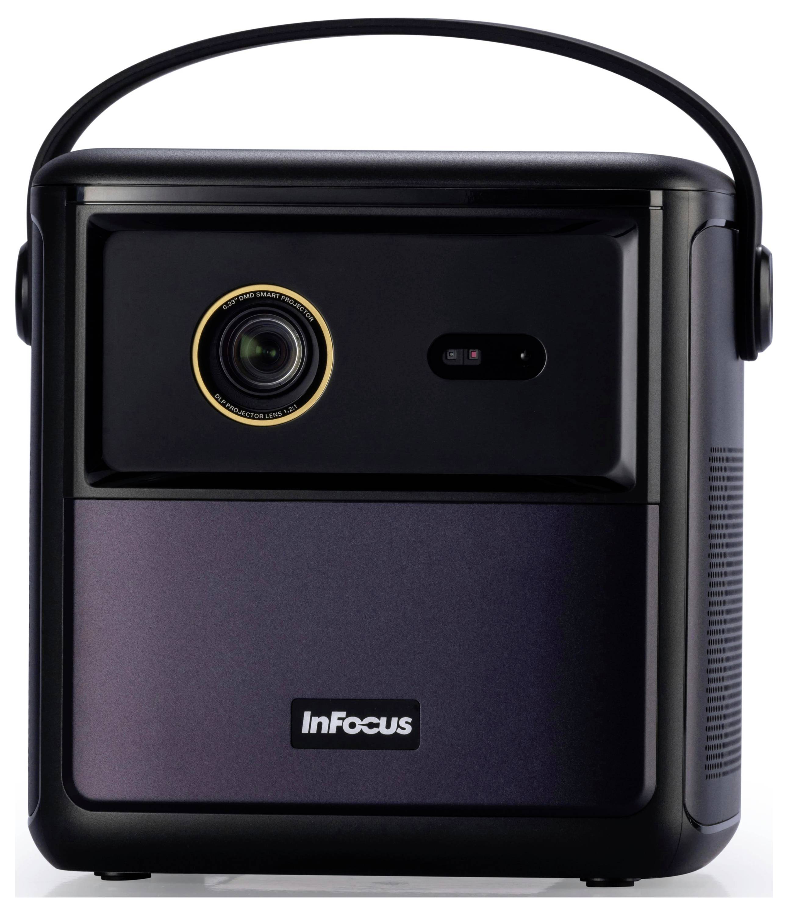 Ein tragbarer Projektor mit Linse und Griff oben, mit der Aufschrift 