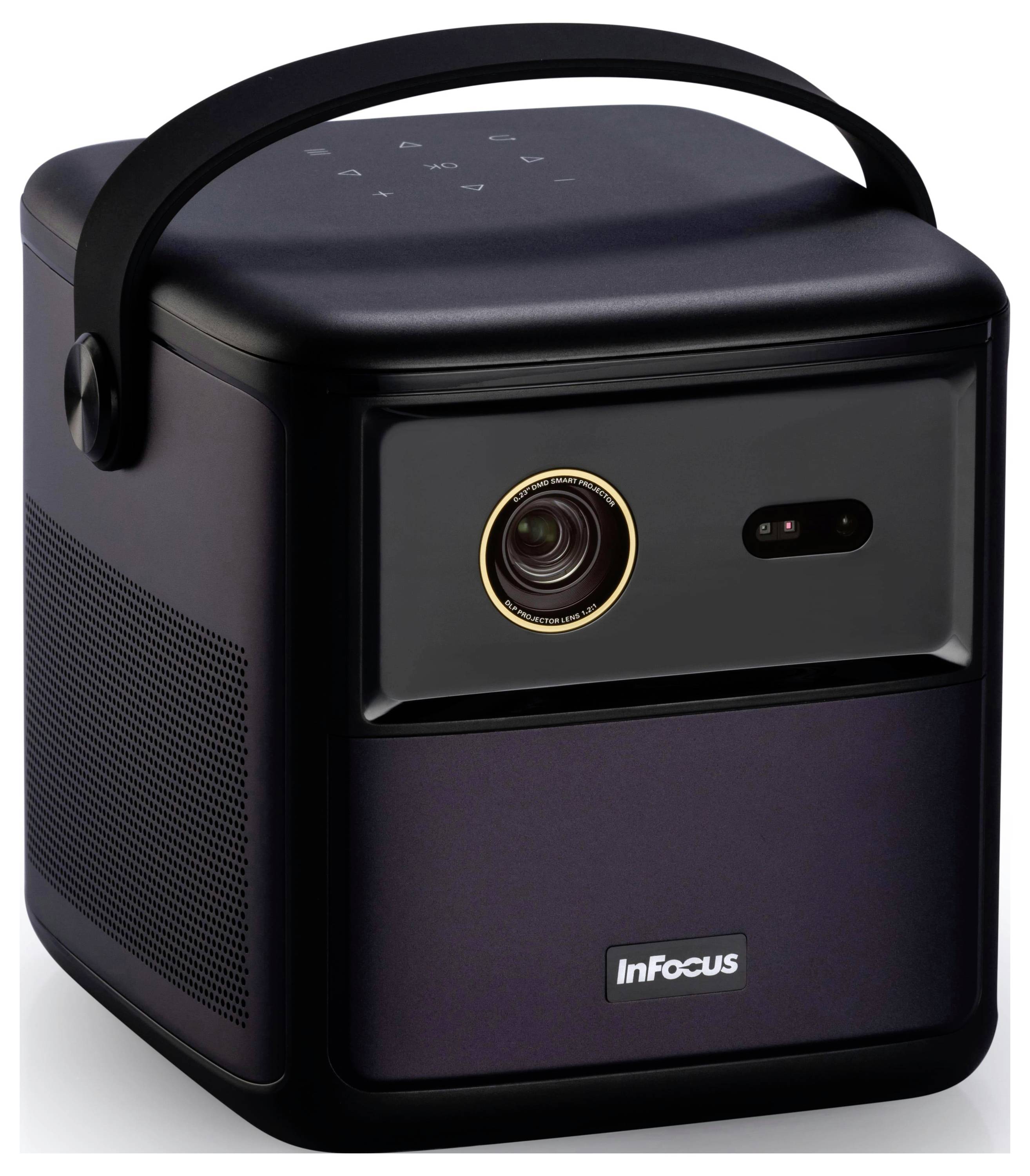 Tragbarer Projektor mit Griff, ausgestattet mit Linse und Sensor an der Vorderseite, der Marke 'InFocus'. Kompakt und für einfache Mobilität konzipiert.