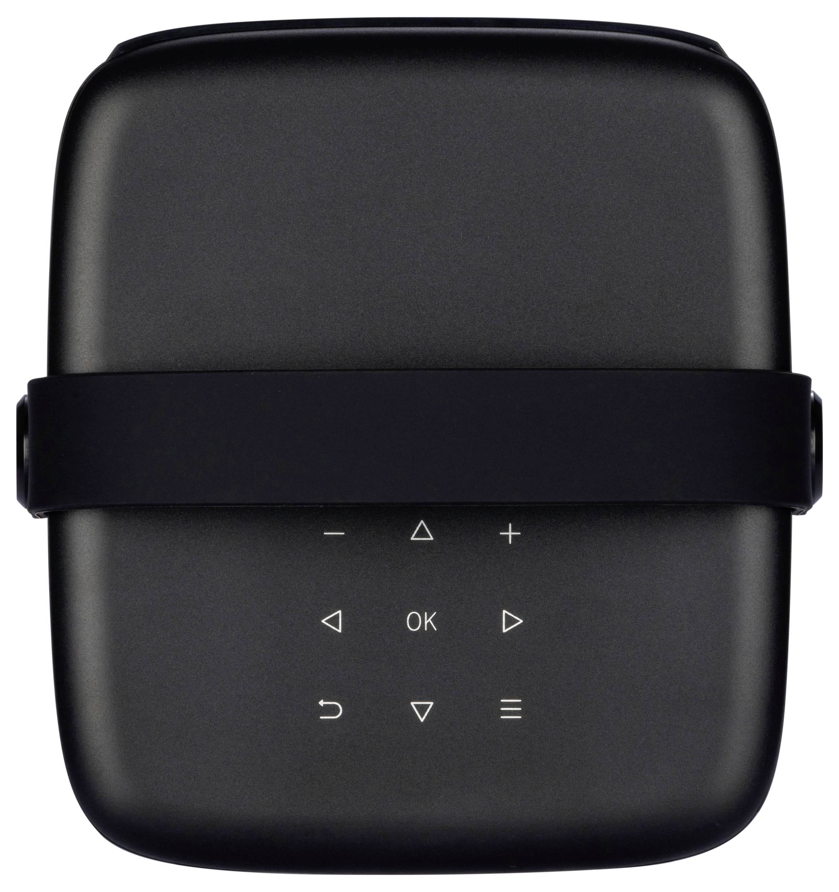 Ein schwarzes rechteckiges elektronisches Gerät mit einem zentralen schwarzen Band. Es verfügt über berührungsempfindliche Steuerungen mit Symbolen wie Pfeilen, 