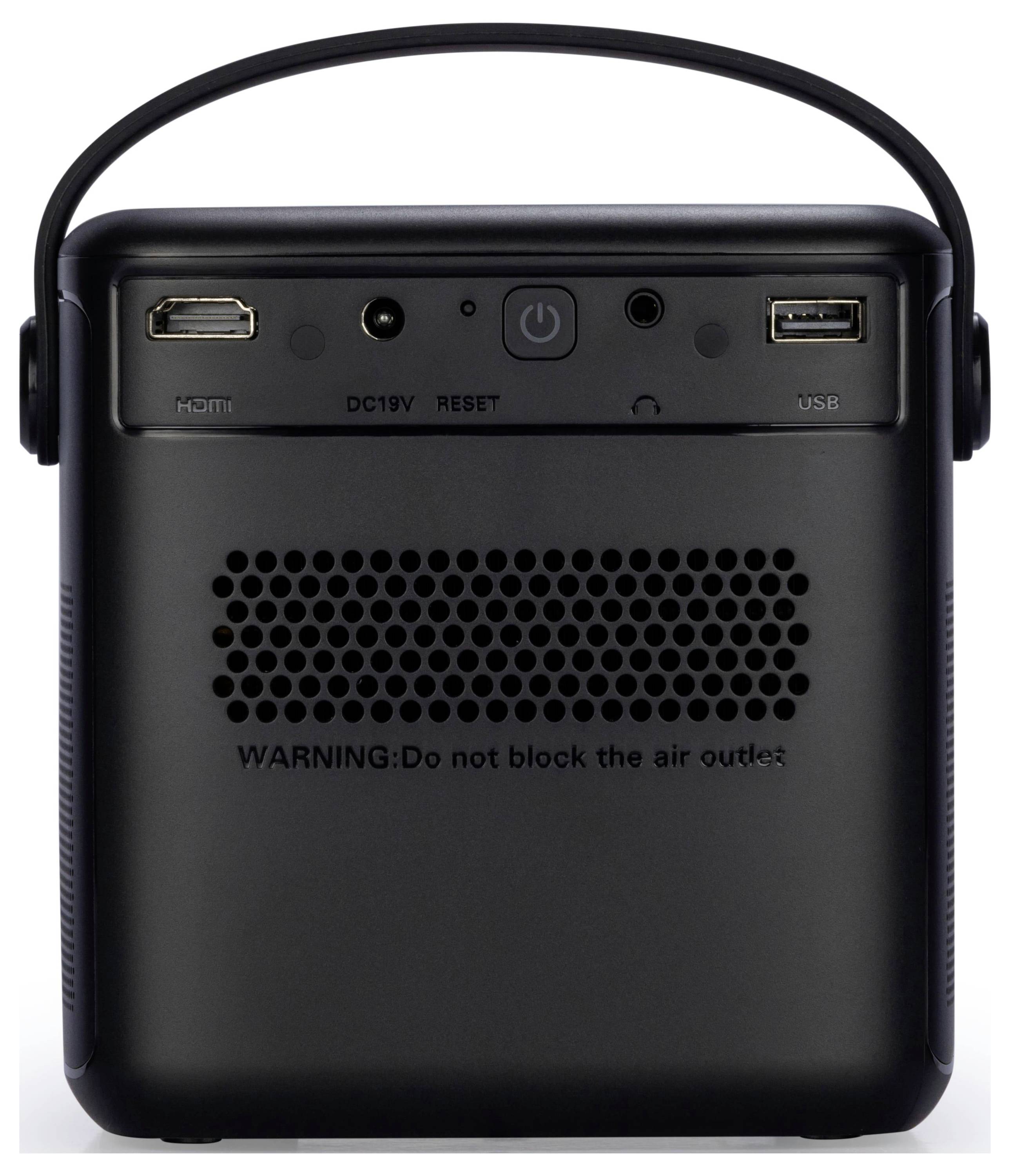 Ein schwarzes Gerät mit einem Griff, das auf der Rückseite HDMI-, DC 19V-, Reset-, Power- und USB-Anschlüsse aufweist. Eine Warnung darunter besagt: „Blockieren Sie die Belüftungsöffnung nicht.