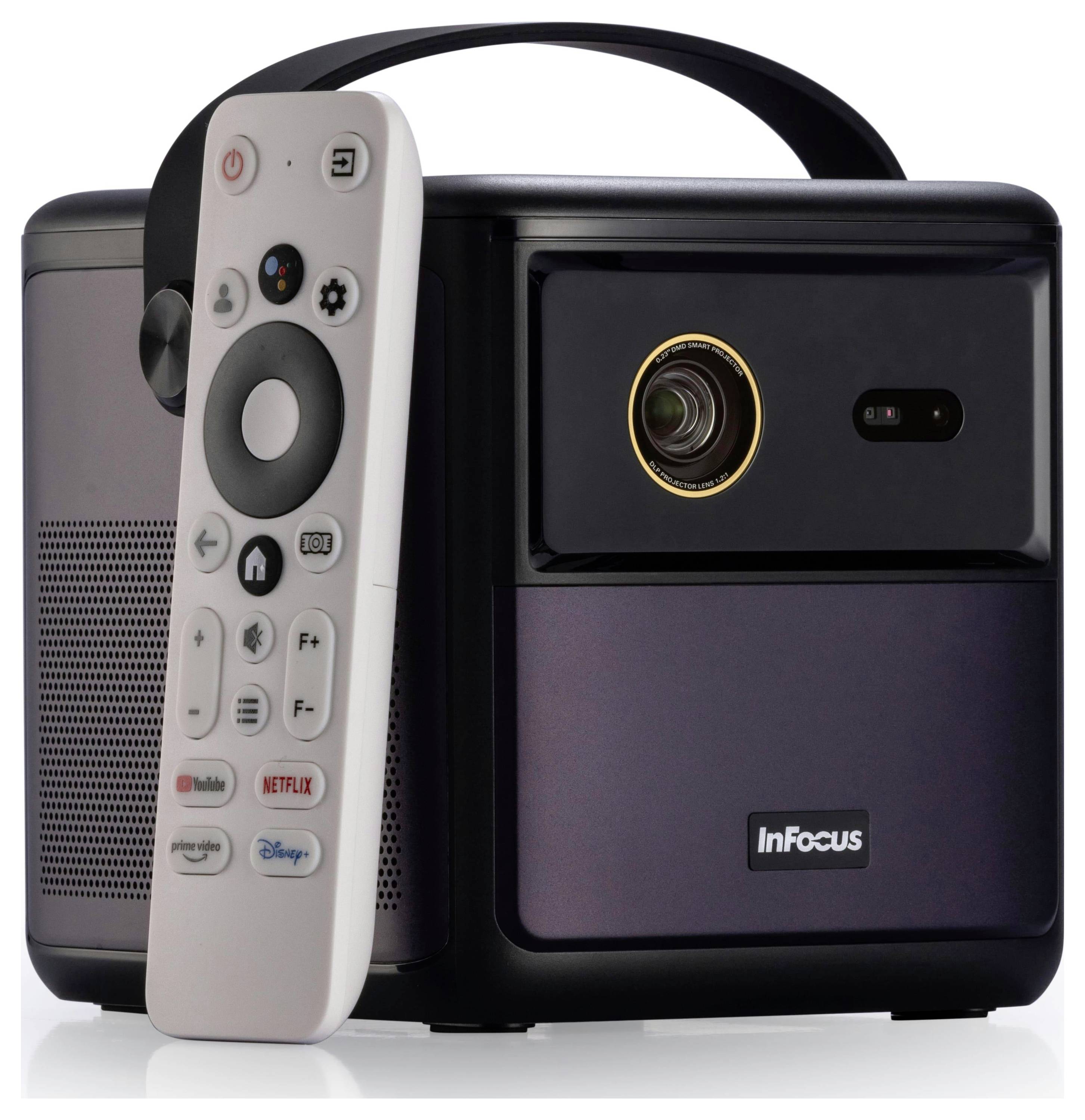 Ein tragbarer InFocus-Projektor mit Griff und Fernbedienung, der Tasten für Netflix, YouTube und Disney+ zeigt.