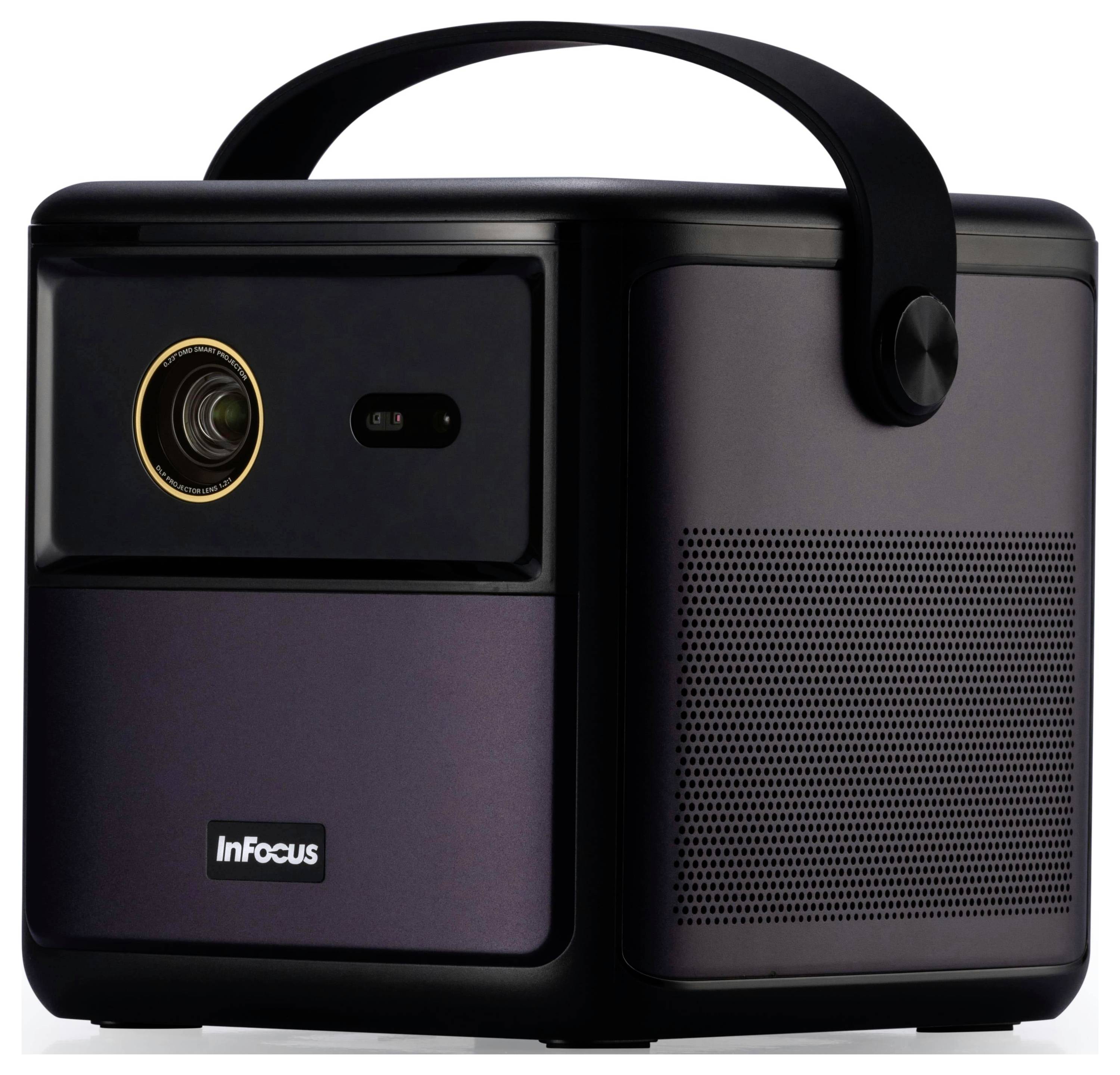 Tragbarer InFocus-Projektor mit Tragegriff und Lautsprecheröffnungen, der ein schlankes Design für mobile Präsentationen präsentiert.