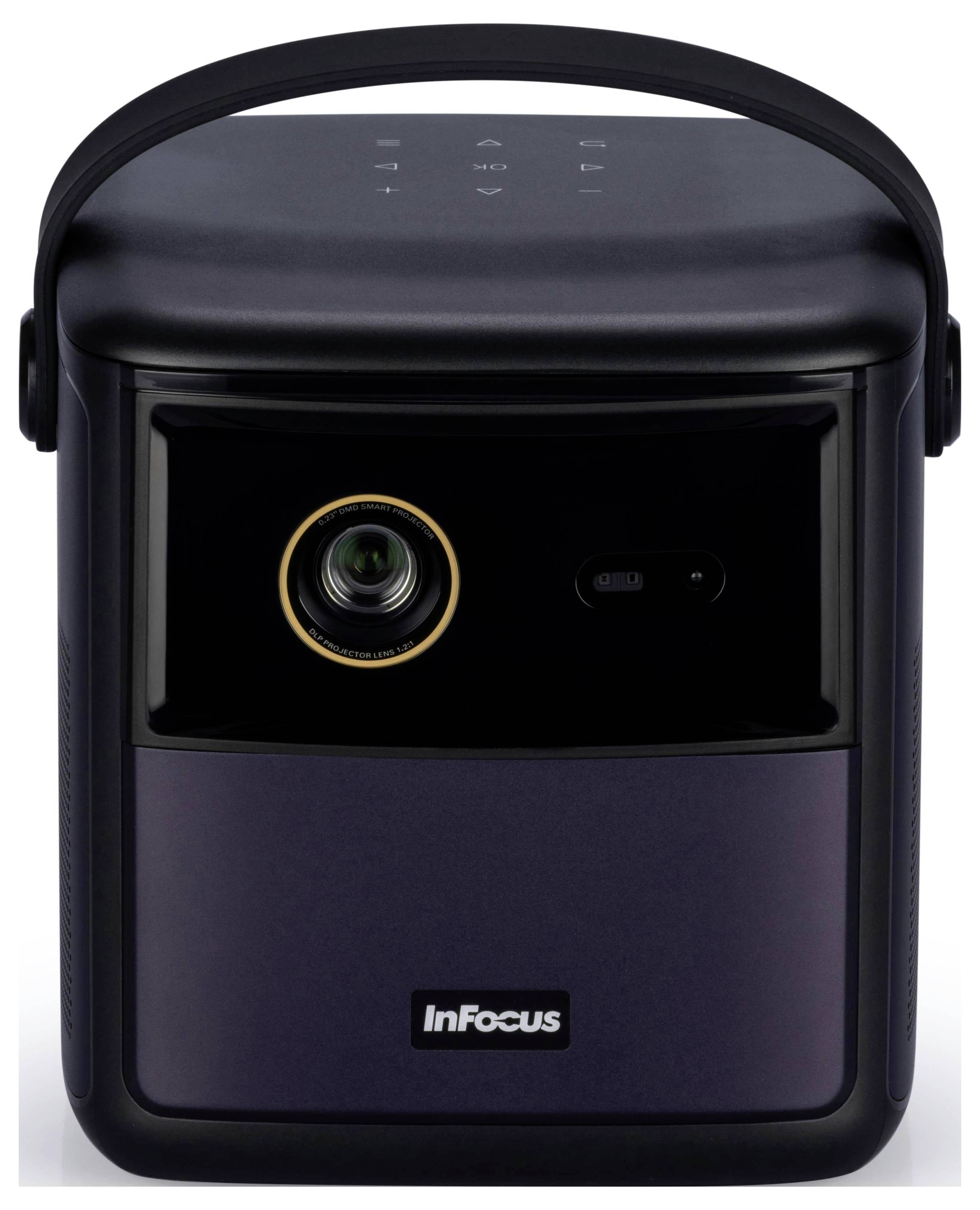 Ein kompakter, schwarzer tragbarer Projektor mit Griff, versehen mit dem 'InFocus' Logo an der Vorderseite, entwickelt für einfachen Transport und Nutzung.