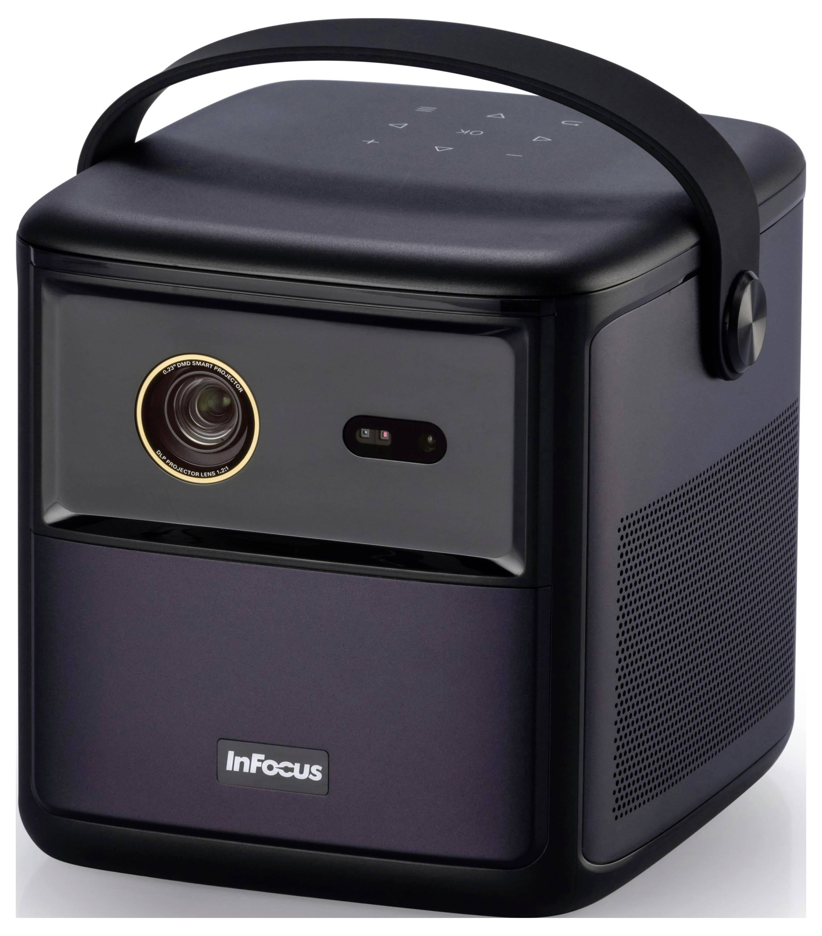 Ein kompakter schwarzer tragbarer Projektor mit einer Linse an der Vorderseite, einem Griff oben und der Markenbezeichnung 'InFocus', der für einfachen Transport und Nutzung entwickelt wurde.