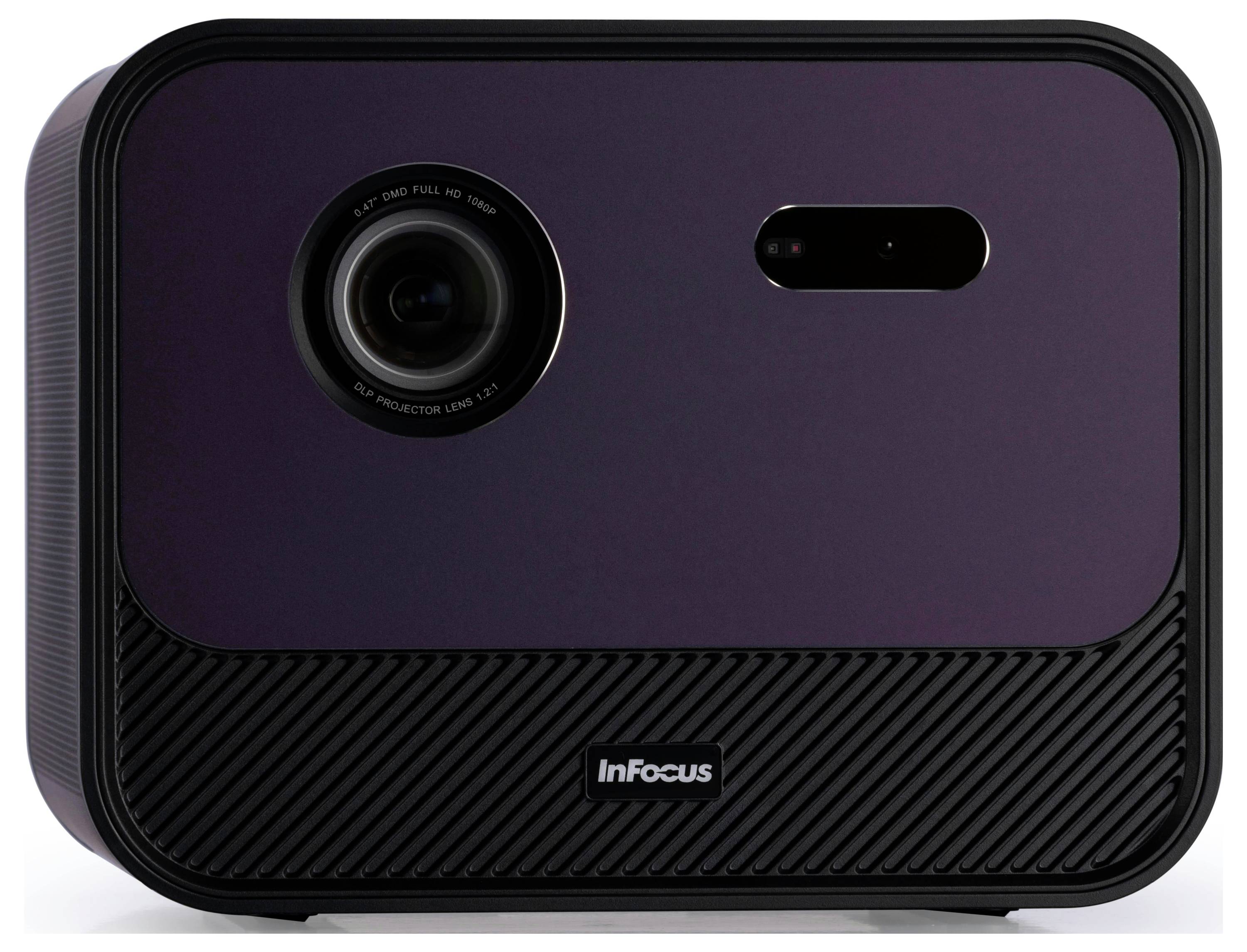 Ein schwarzer InFocus-Projektor mit einer Linse auf der linken und einem Sensor auf der rechten Seite vor einem einfarbigen Hintergrund.