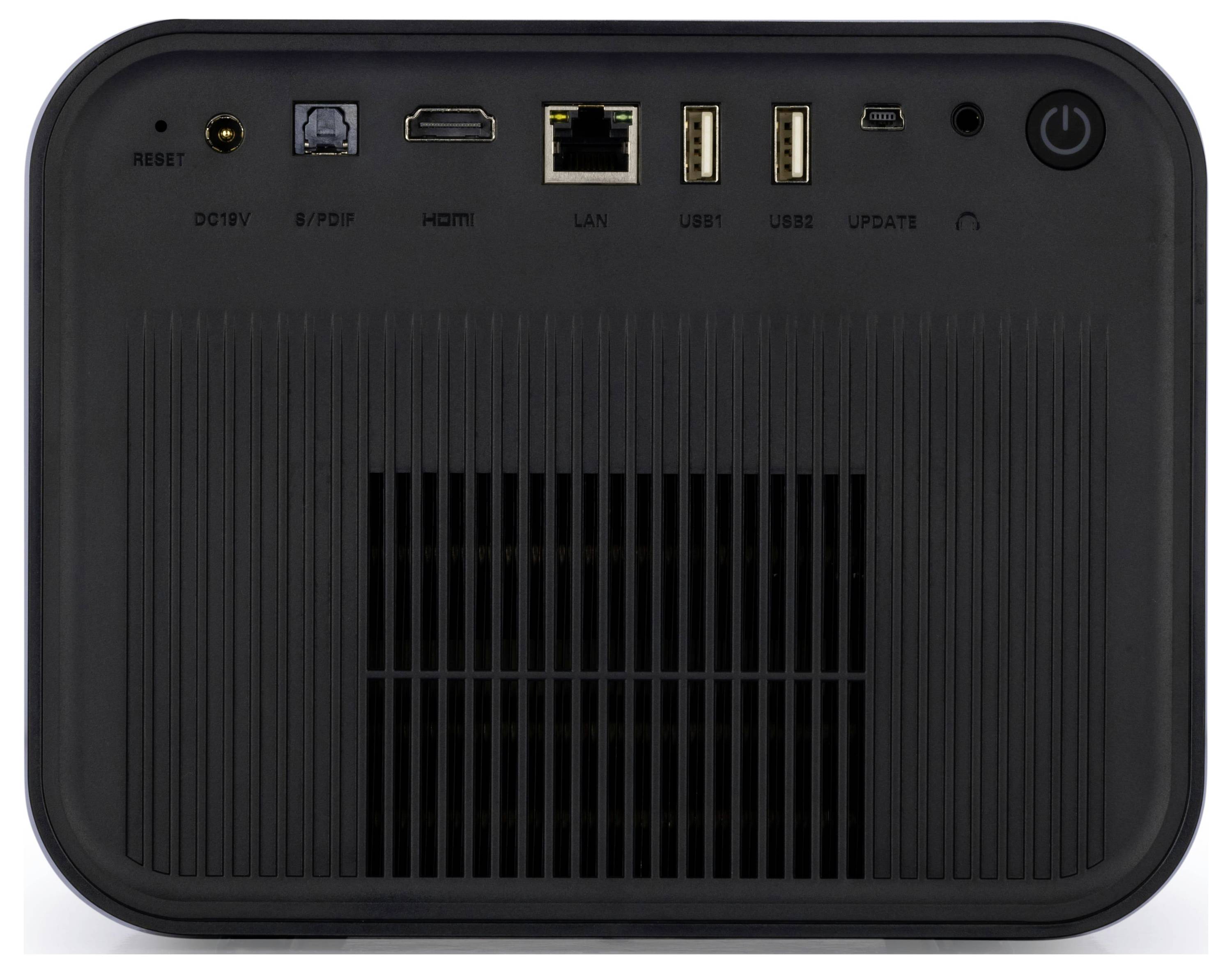 Rückseite eines Mediengeräts mit Rücksetztaste, DC 19V, S/PDIF, HDMI, LAN, zwei USB-Anschlüssen, Update-Anschluss und Einschaltknopf.