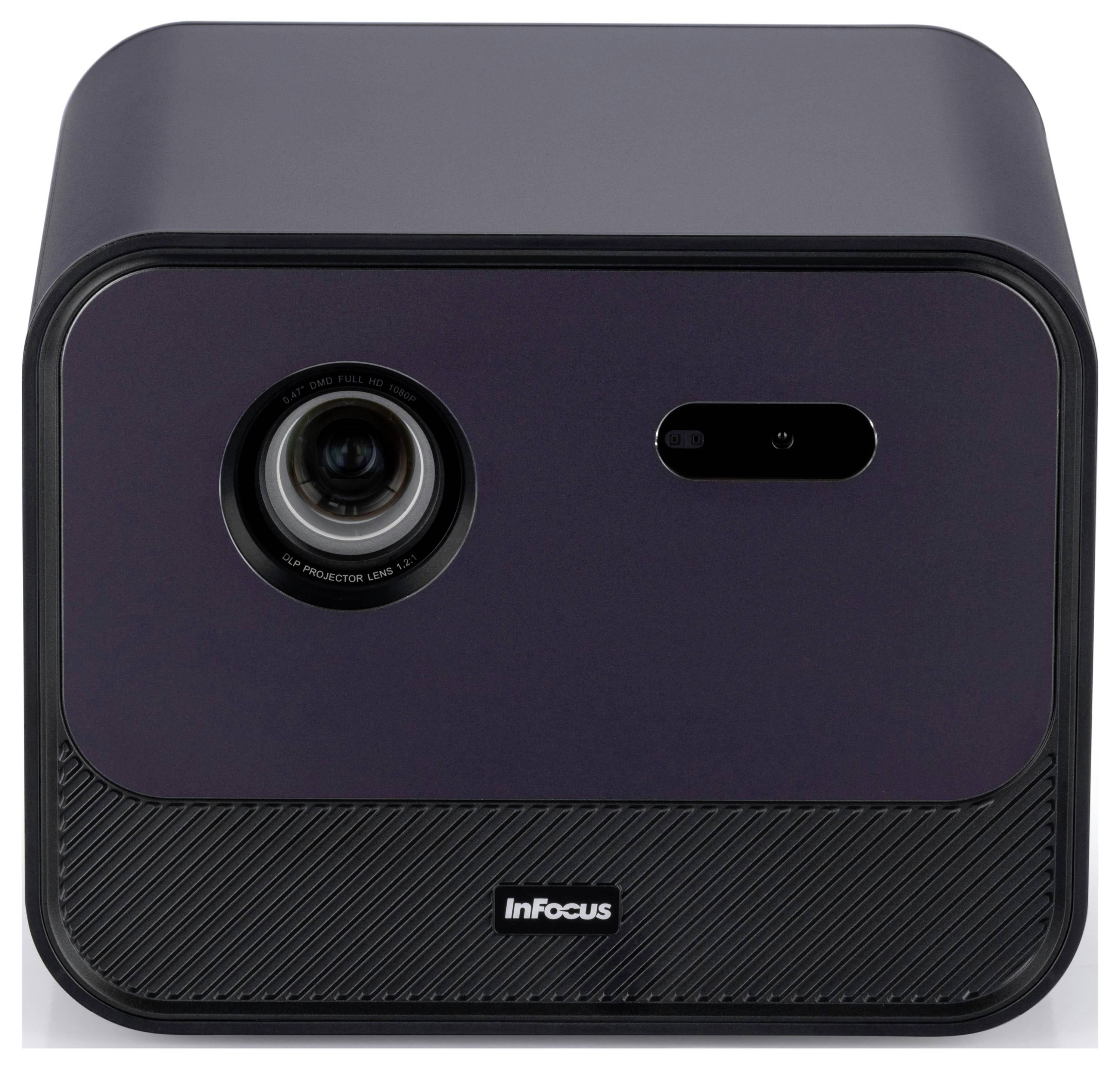 Ein schwarzer InFocus-Projektor mit einem Objektiv auf der linken Seite und einem Sensor oder Knopf auf der rechten Seite, konzipiert für Präsentationen oder Medienvorführungen.
