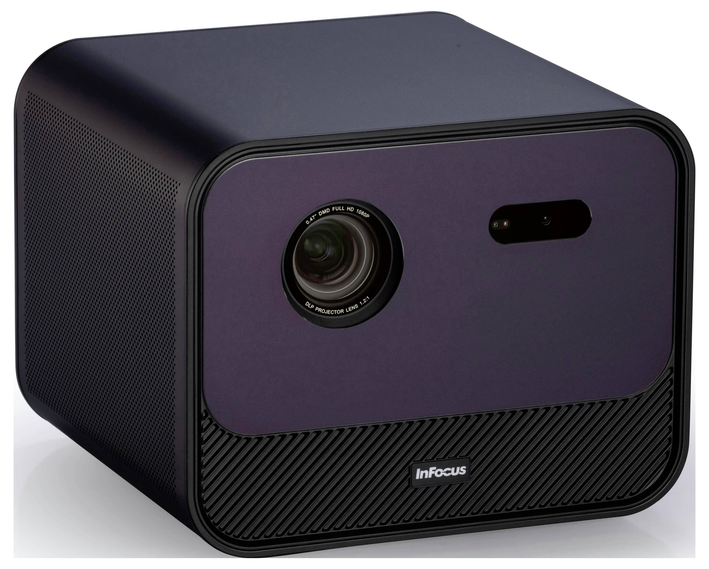 Ein schwarzer InFocus-Projektor mit einer vorderen Linse und prominent positioniertem Markenlogo, geeignet für Heim- oder Büronutzung.