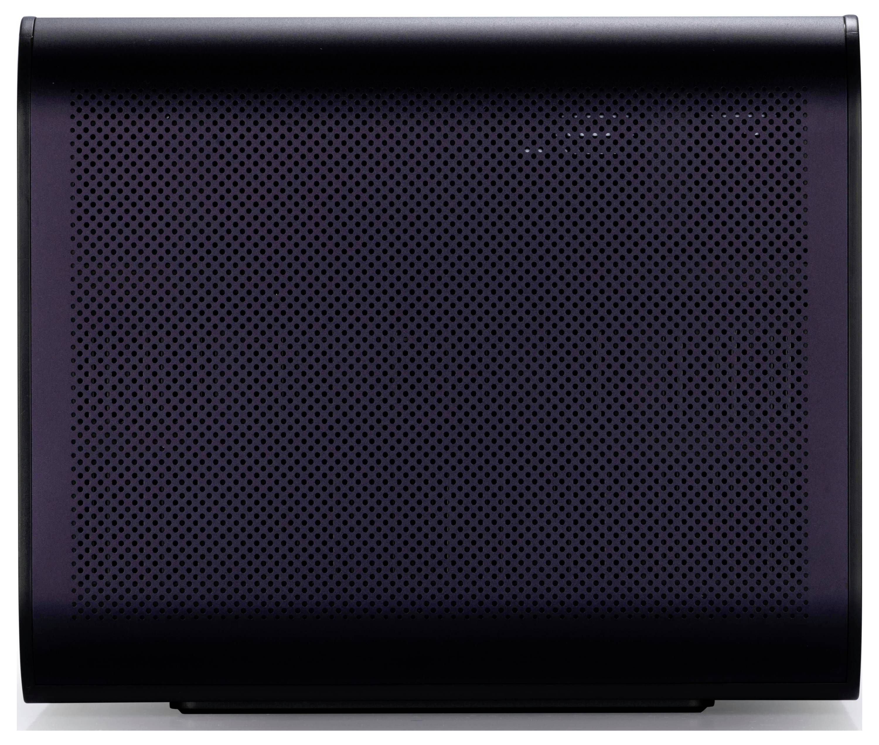Ein schwarzes, perforiertes Lautsprechergitter mit einer glatten, geschwungenen Oberfläche, möglicherweise Teil eines Audiogeräts.