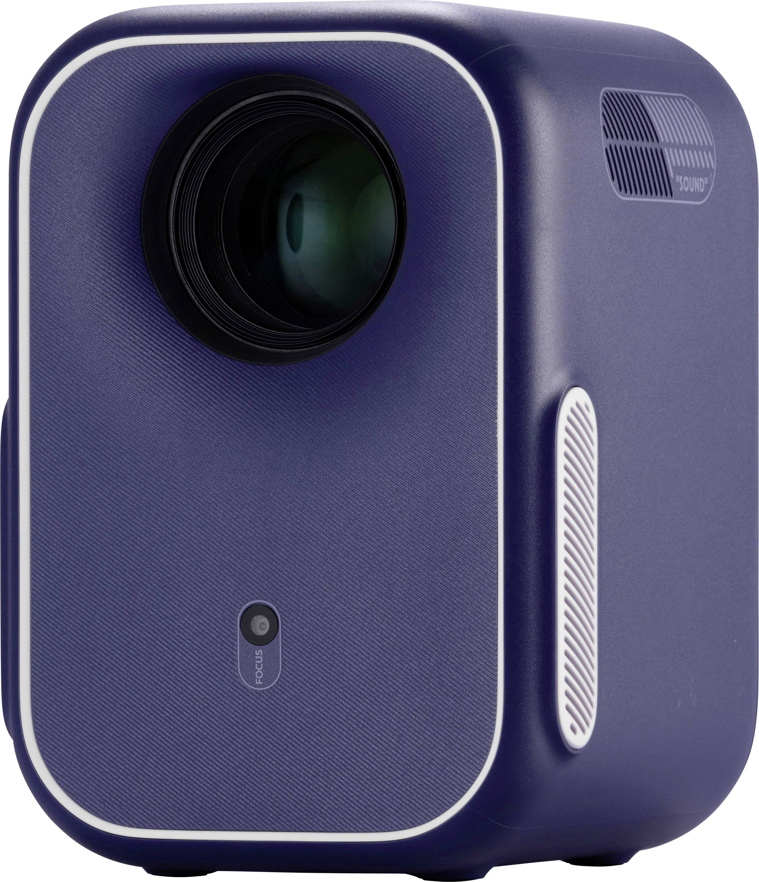 Ein kompakter blauer Projektor mit einer prominenten Linse, leicht nach oben geneigt, konzipiert für Präsentationen oder Heimkinozwecke.