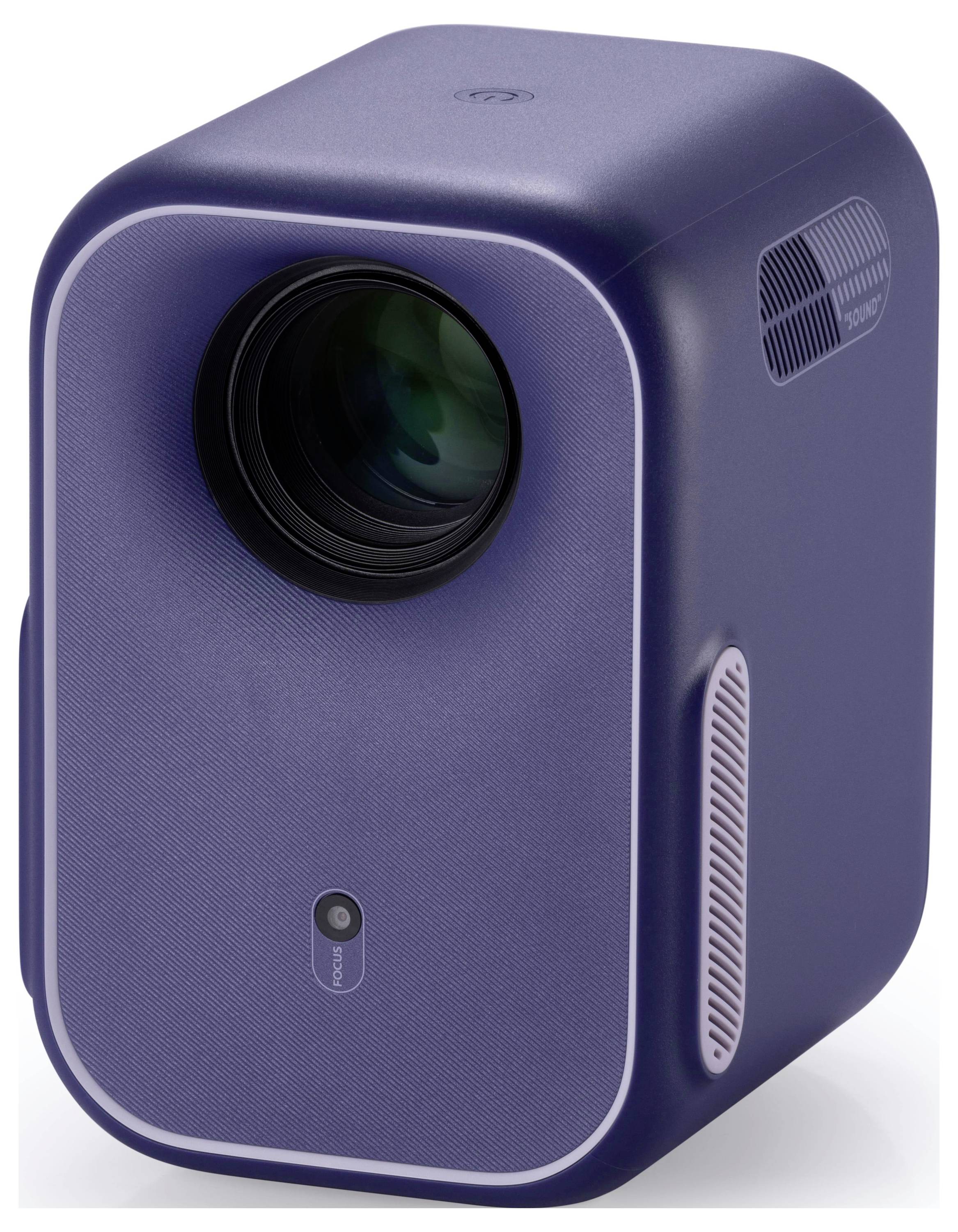 Ein kompakter blauer Projektor mit einer großen Linse und Lüftungsöffnungen an der Seite, der für den tragbaren Einsatz in Heimat- oder kleinen Büroumgebungen konzipiert ist.