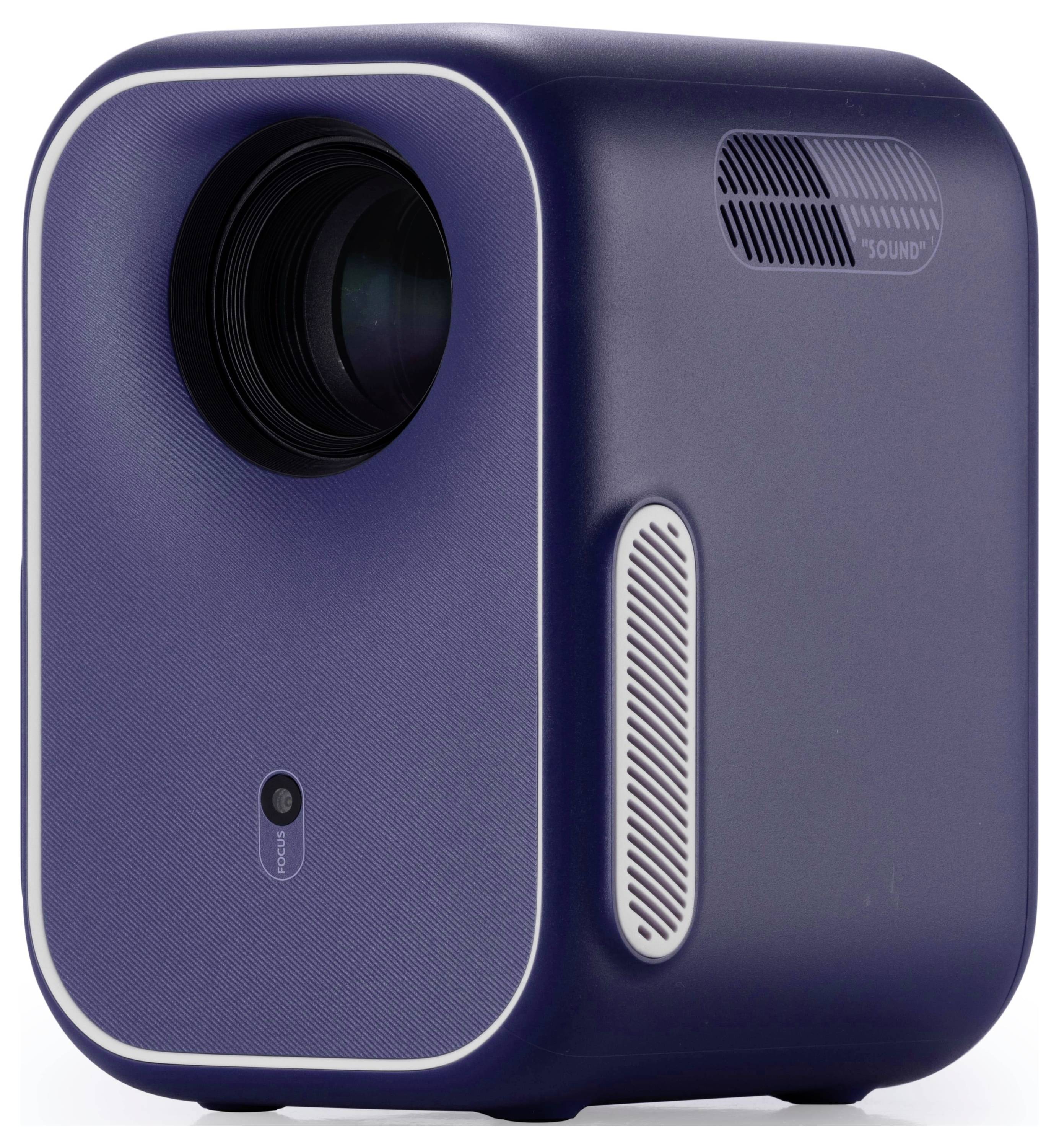 Ein kompakter, moderner Projektor mit einer Linse an der Vorderseite, Lüftungsschlitzen an der Seite und einem schlanken blauen Gehäuse.
