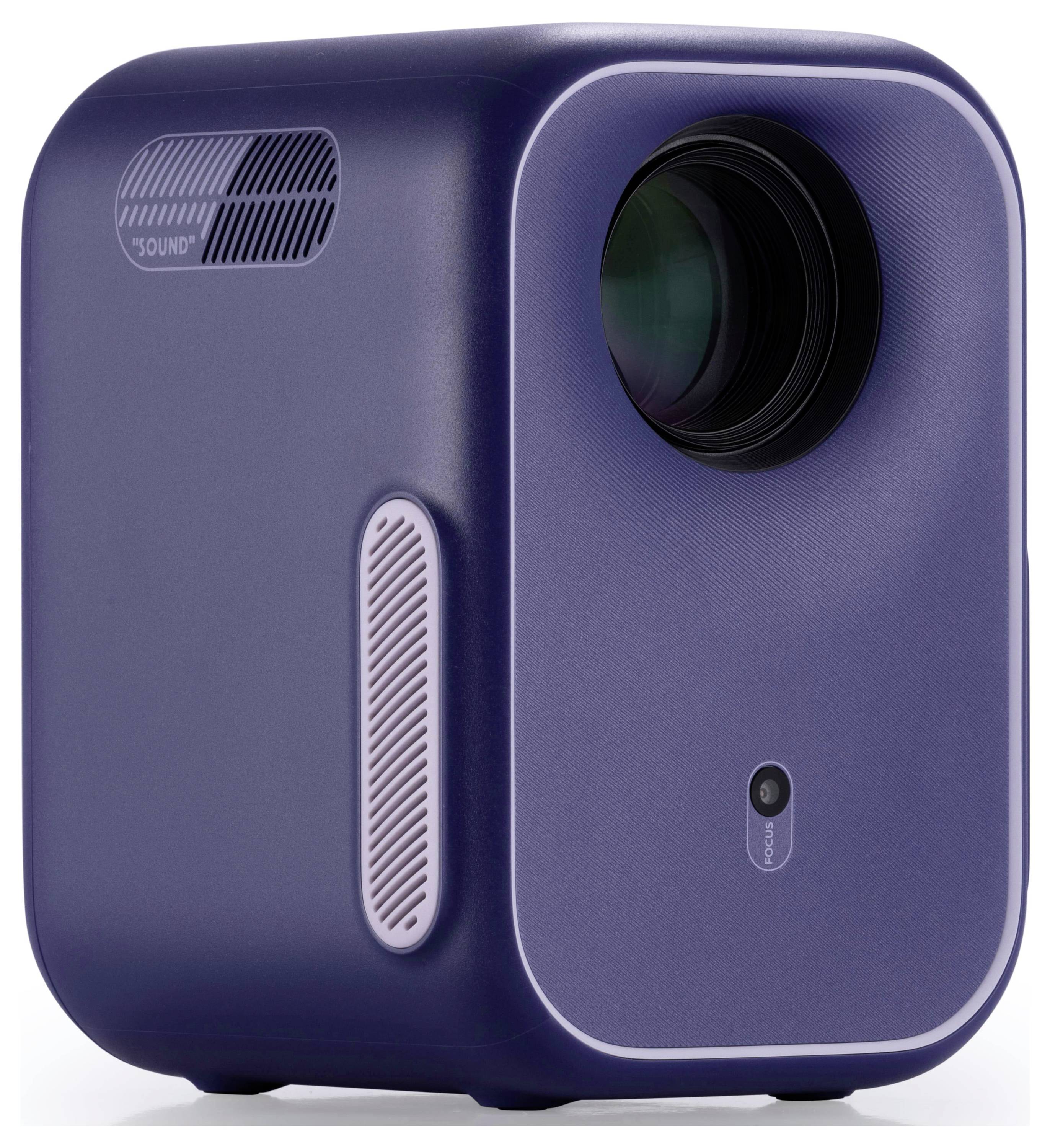 Ein kompakter blauer Projektor mit einer markanten Linse und Lautsprecheröffnung, konzipiert für Heim- oder Büronutzung.