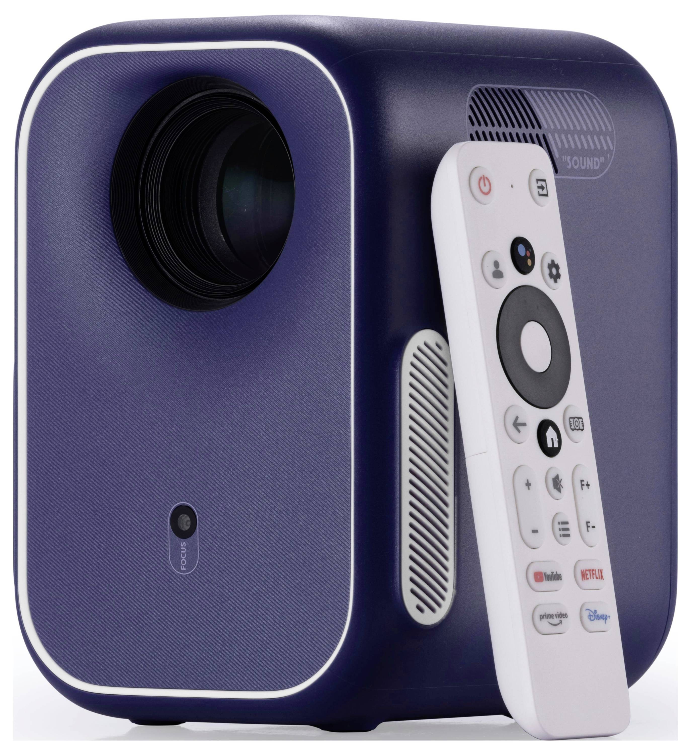 Ein kompakter, moderner Projektor mit Frontlinse und einer weißen Fernbedienung mit Tasten für verschiedene Streaming-Dienste wie Netflix.