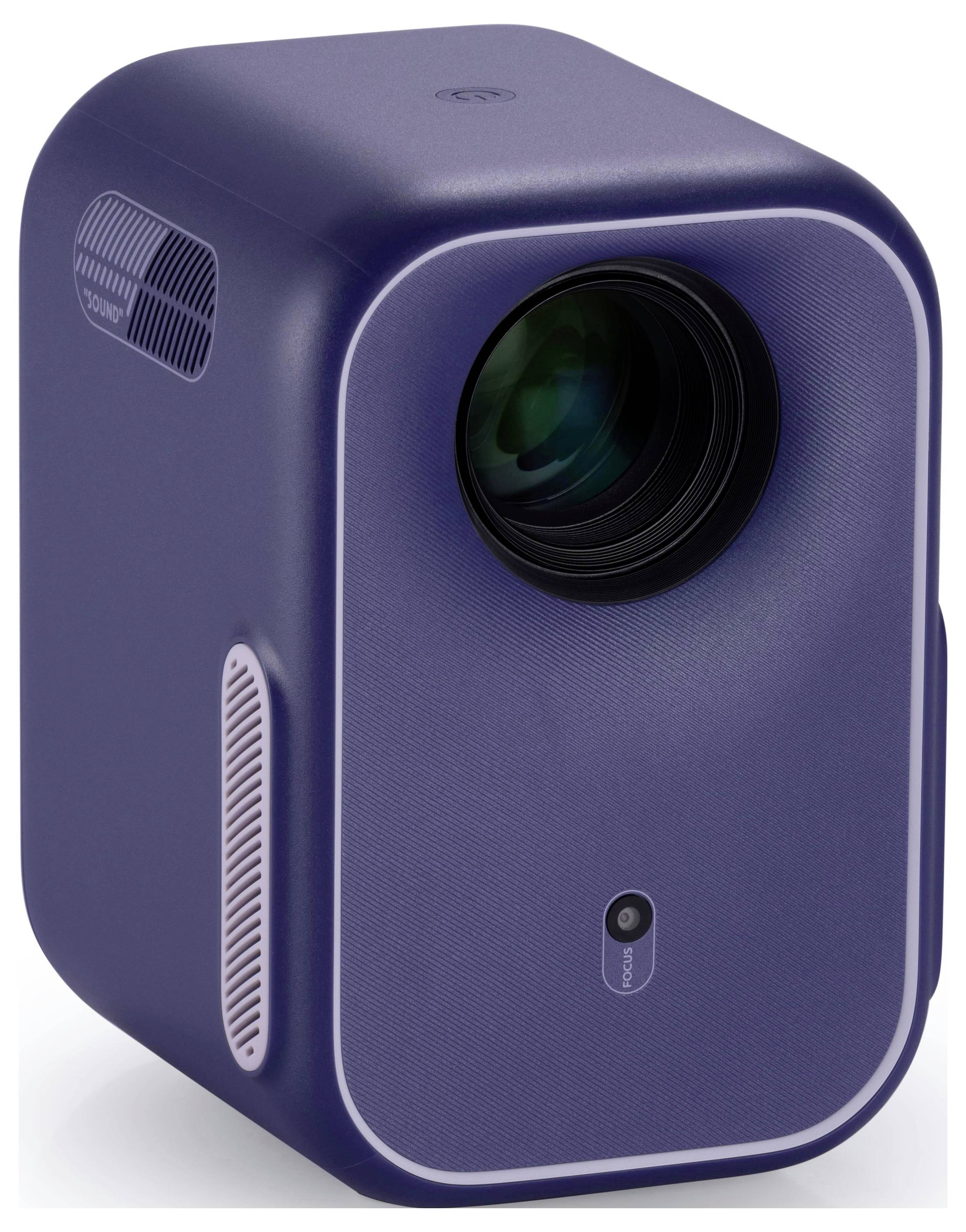 Ein blauer tragbarer Projektor mit Linse und Tasten an der Vorderseite, entwickelt für den Einsatz zu Hause oder im Büro.