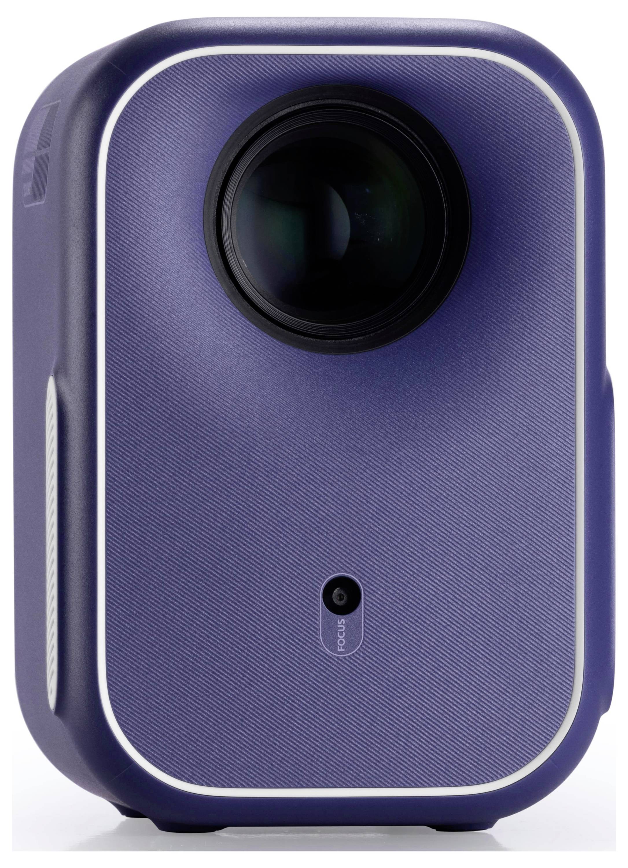 Ein blauer tragbarer Projektor mit einer prominenten Linse auf der Oberseite und einem kleinen Knopf darunter. Das Gehäuse erscheint strukturiert.