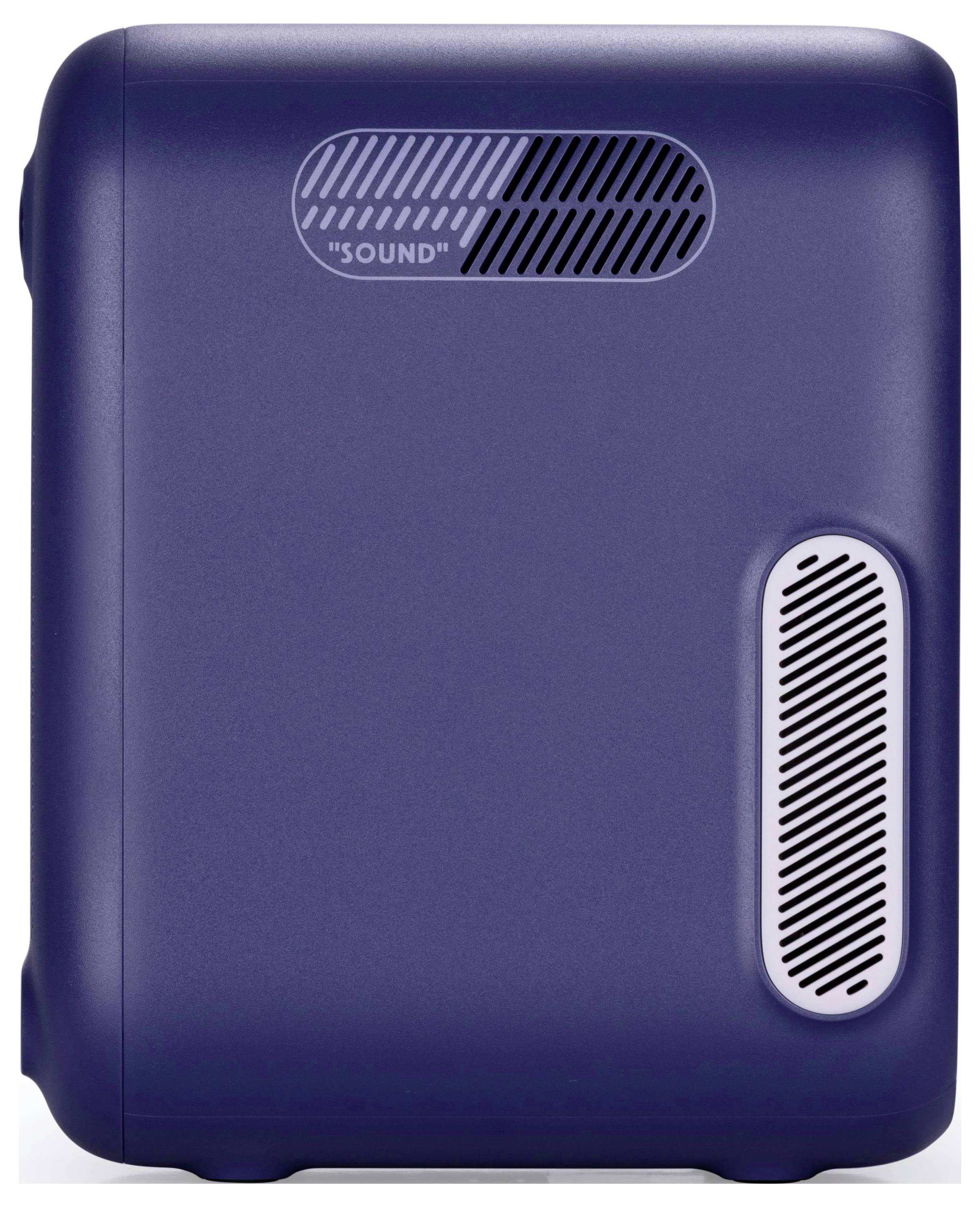Ein blauer, rechteckiger tragbarer Lautsprecher mit einem Gitter an der Vorderseite, beschriftet mit 'SOUND'. Der Lautsprecher verfügt über Lüftungsschlitze auf der Ober- und Seitenfläche.
