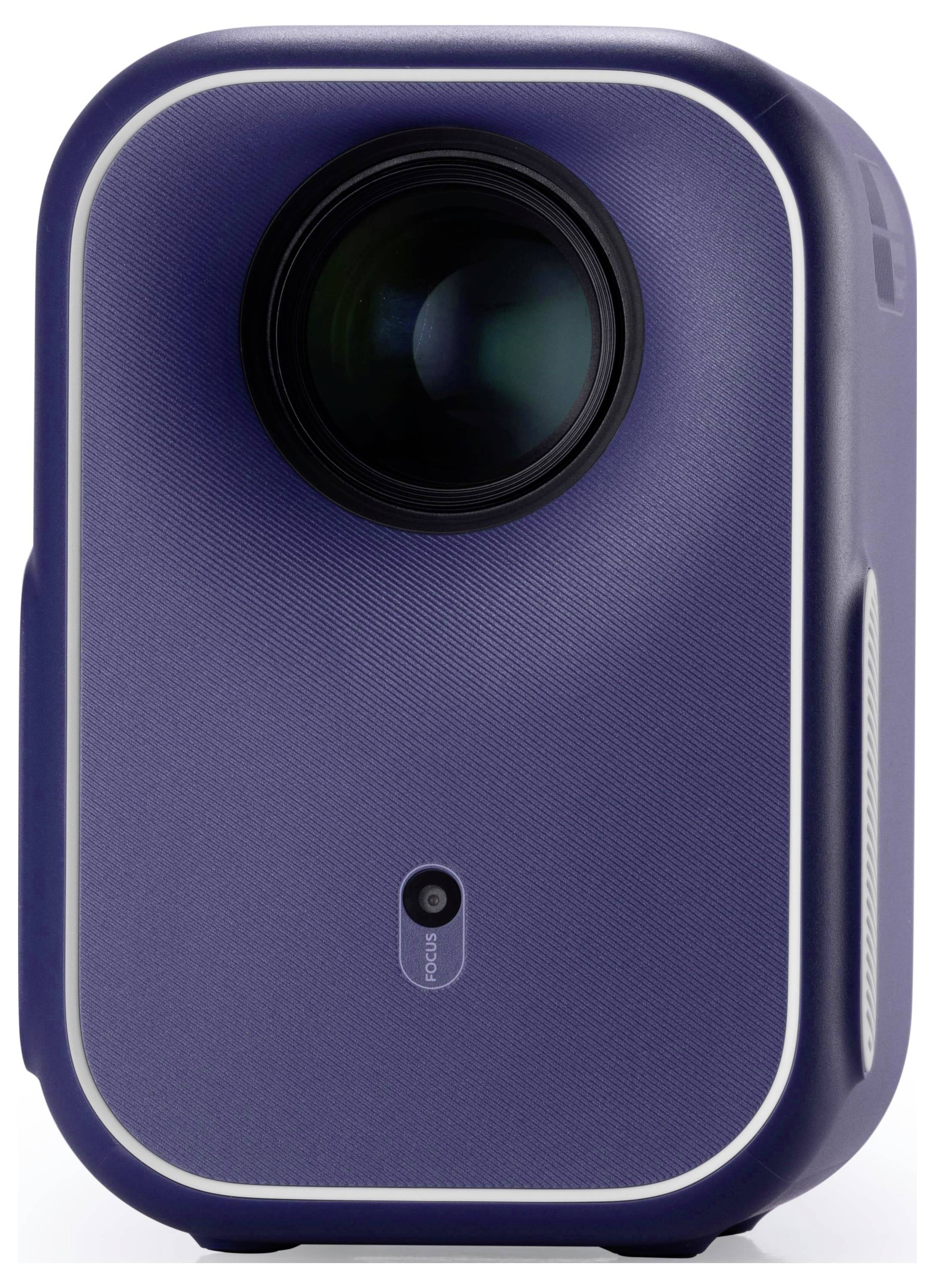 Blauer kompakter Digitalprojector mit abgerundeten Kanten, hervorragendem Objektiv und kleiner Bedienungstaste auf der Vorderseite.