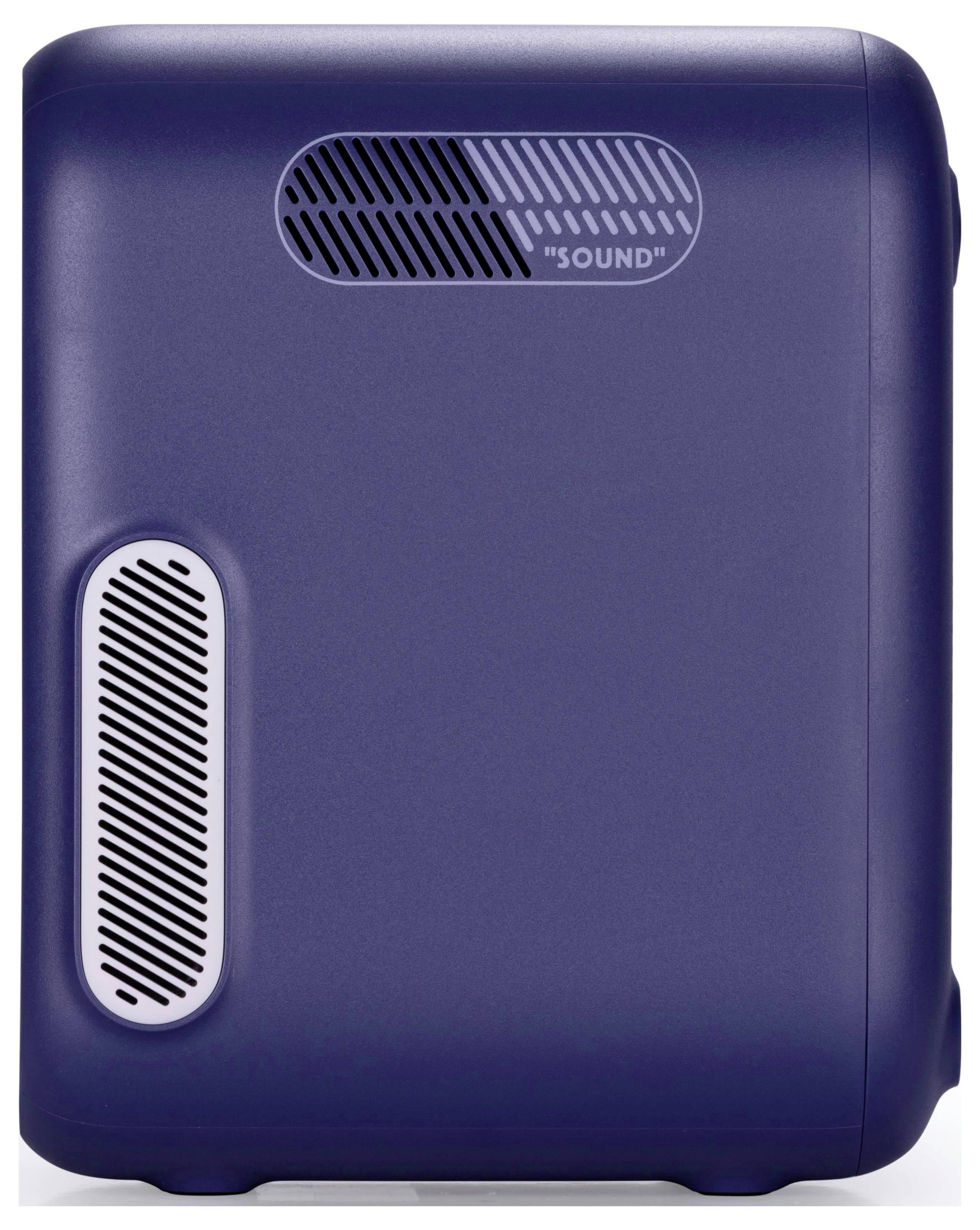 Ein kompakter, dunkelblauer rechteckiger Lautsprecher mit zwei Belüftungsöffnungen für Schallausgabe, beschriftet mit dem Wort ‚SOUND'.