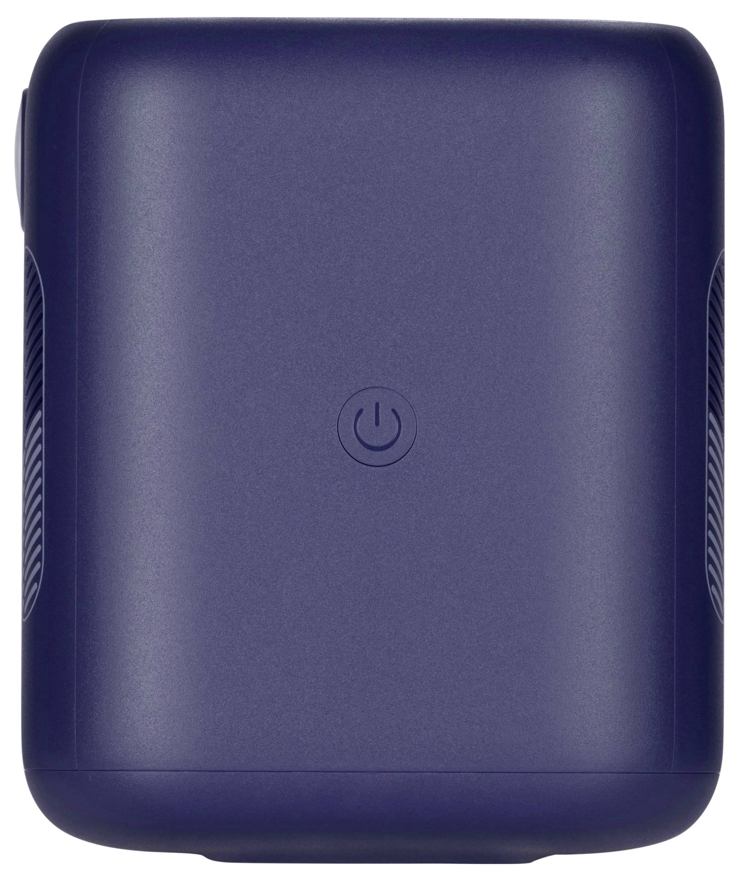Eine blaue, rechteckige tragbare Powerbank mit einem Powertaste-Symbol in der Mitte.