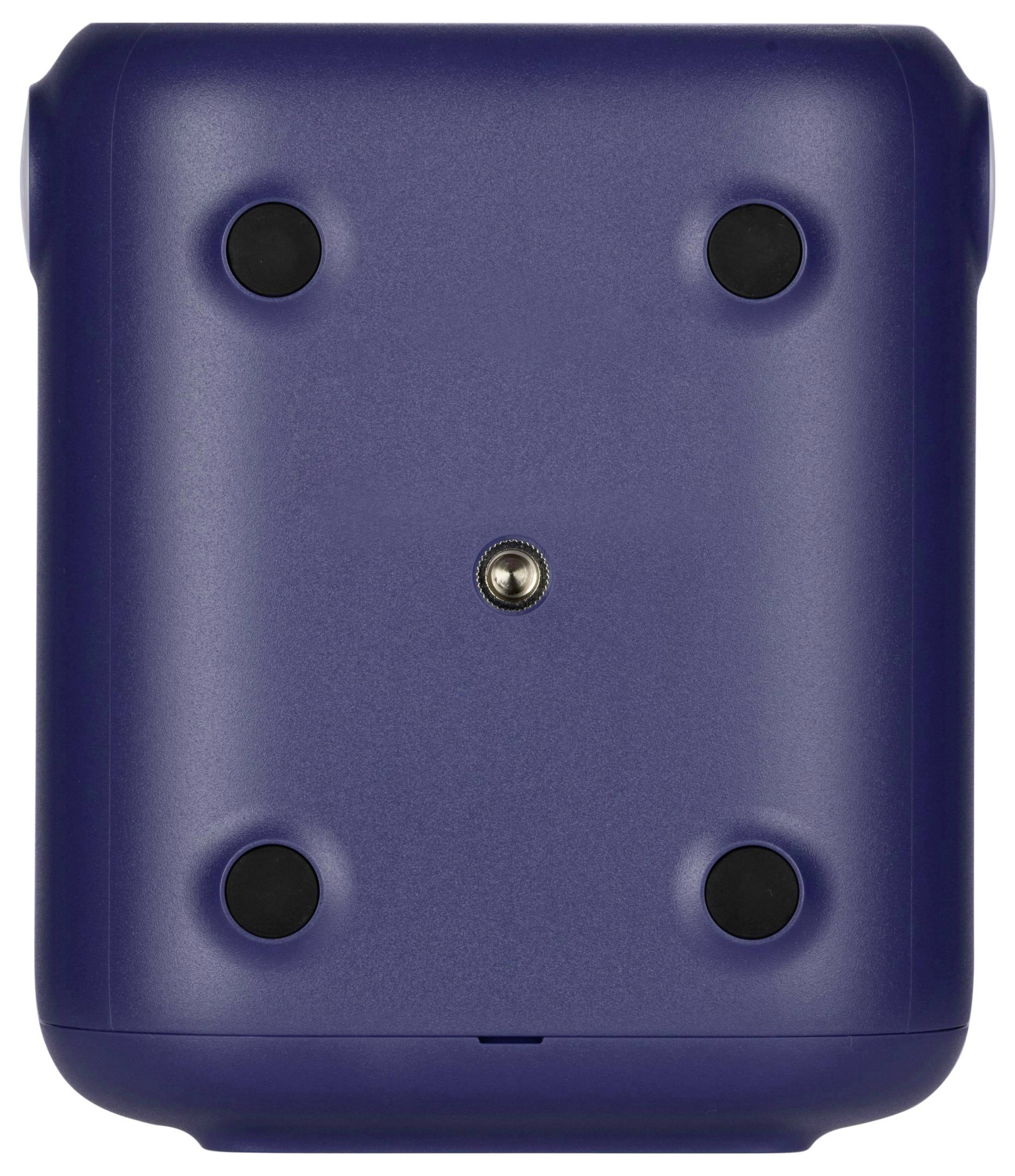 Ein blauer, rechteckiger elektronischer Apparat, von der Rückseite betrachtet, mit vier Gummifüßen und einer zentralen Schraube zum Befestigen oder Montieren.