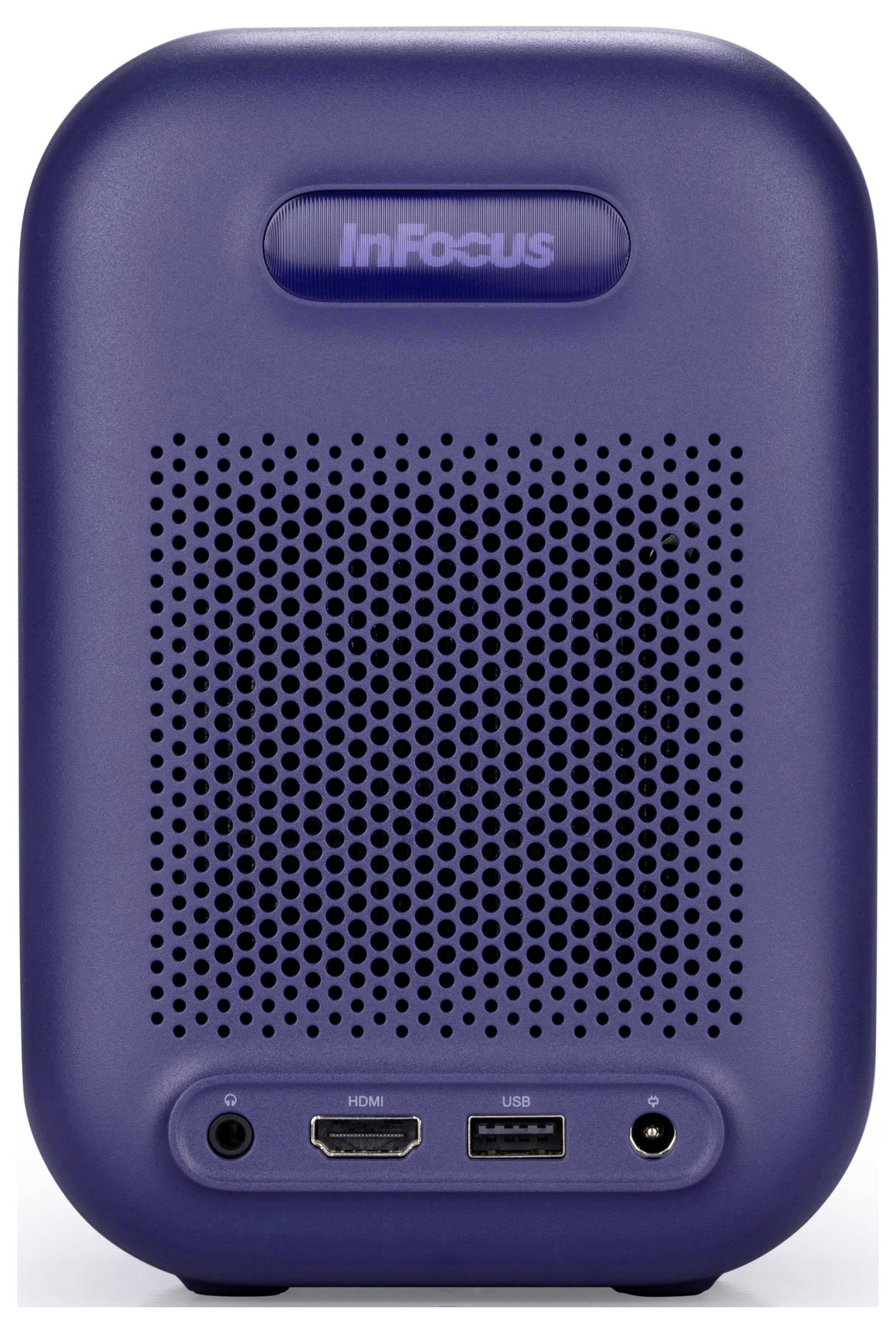 Ein kompaktes blaues elektronisches Gerät mit der Markenbezeichnung 'InFocus', das Lüftungslöcher und Anschlüsse mit den Bezeichnungen HDMI und USB an der unteren Vorderseite aufweist.