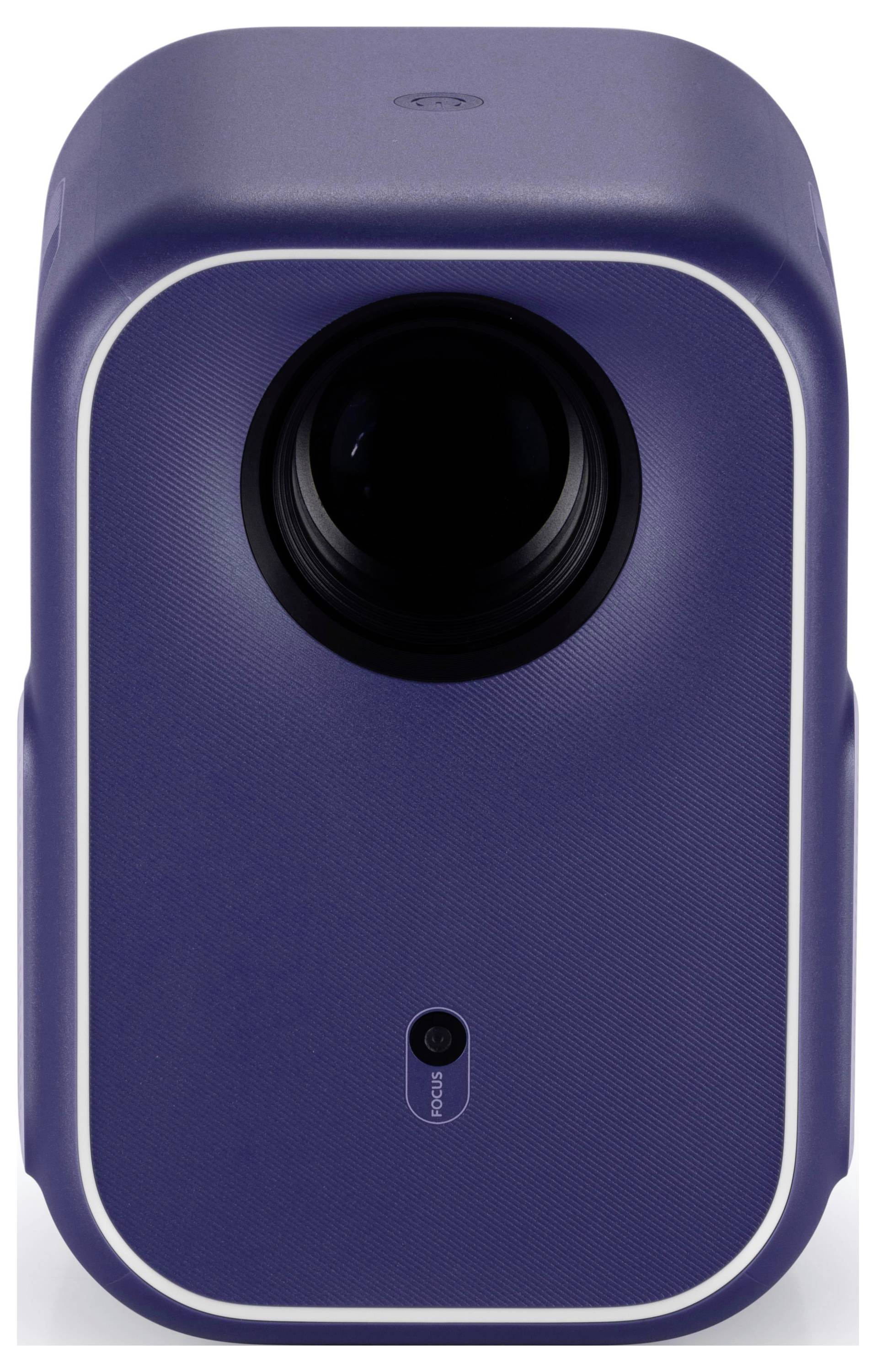 Ein blauer rechteckiger Projektor mit einer prominenten Linse in der Mitte und einem kleinen Knopf darunter, konzipiert für den Einsatz zu Hause oder im Büro.