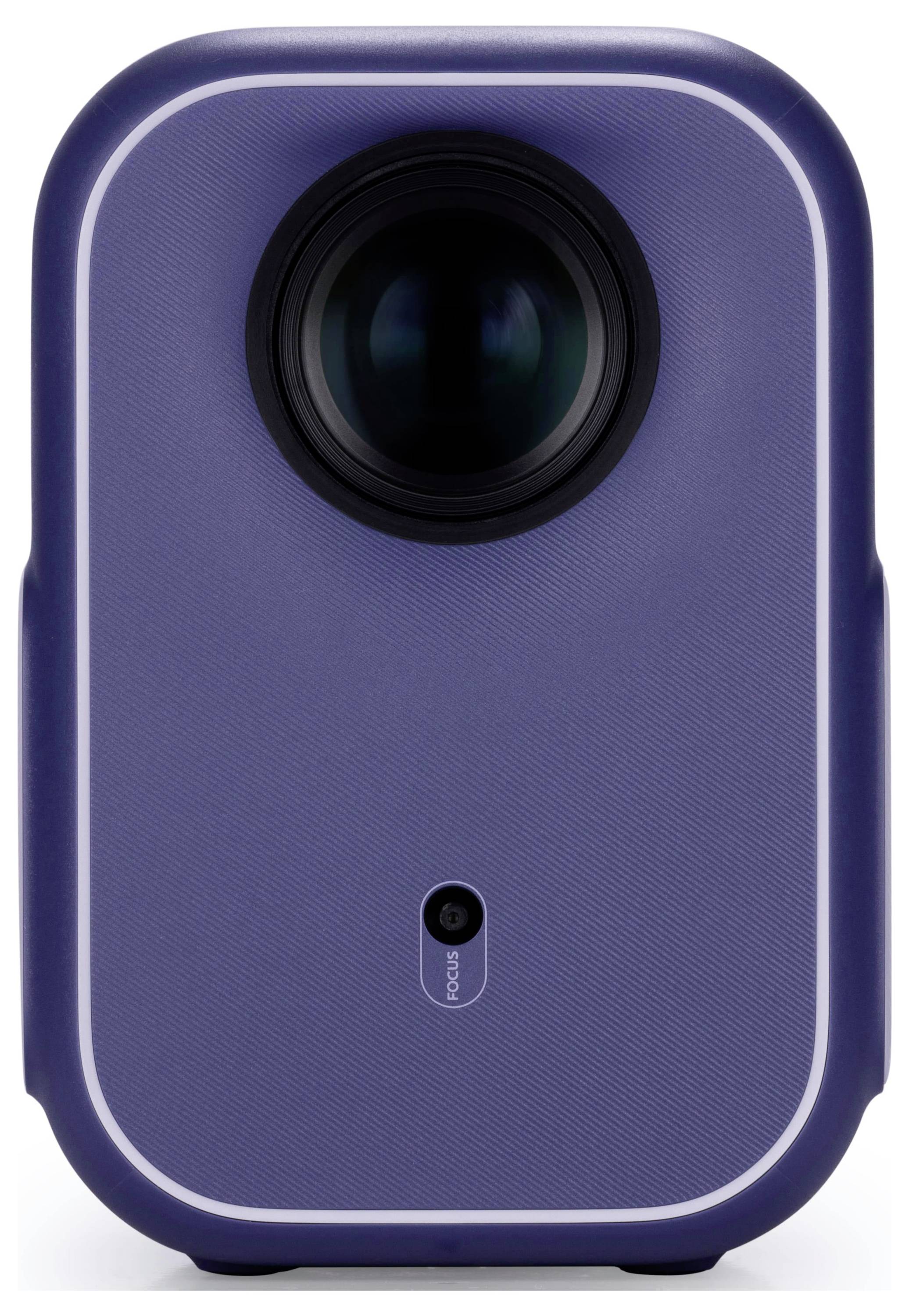 Ein kompakter, dunkelblauer tragbarer Projektor mit einer großen Linse, die zentral an der Oberseite positioniert ist und einem kleinen Fokussierungsanpassungsknopf darunter.