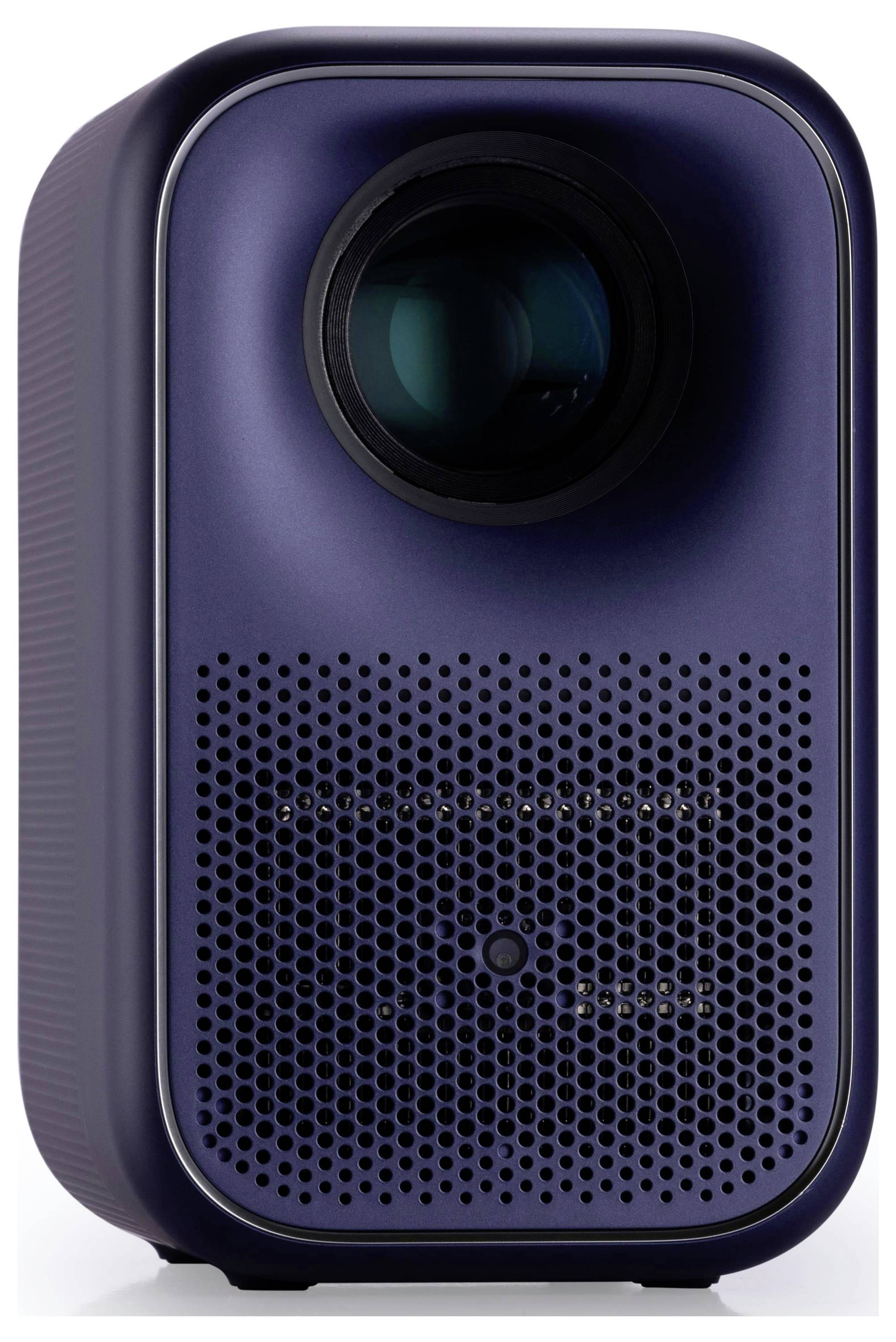 Ein kompakter, moderner tragbarer Projektor mit gelochter Lautsprecherblende, in einem eleganten, dunklen Gehäuse, konzipiert für Heim- oder Büronutzung.