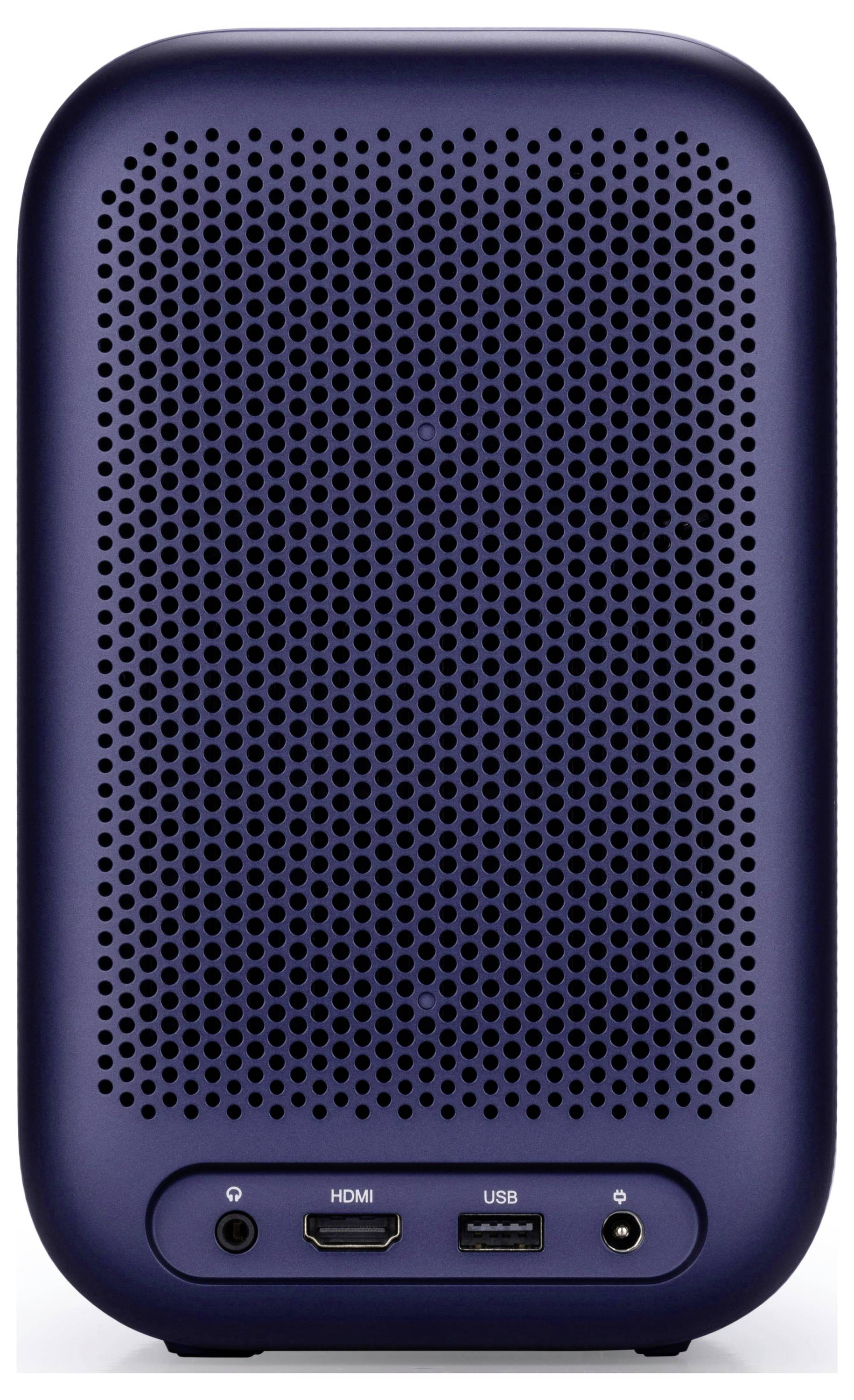 Ein blaues elektronisches Gerät mit einer gelochten Frontplatte und zwei Anschlüssen, die unten mit 