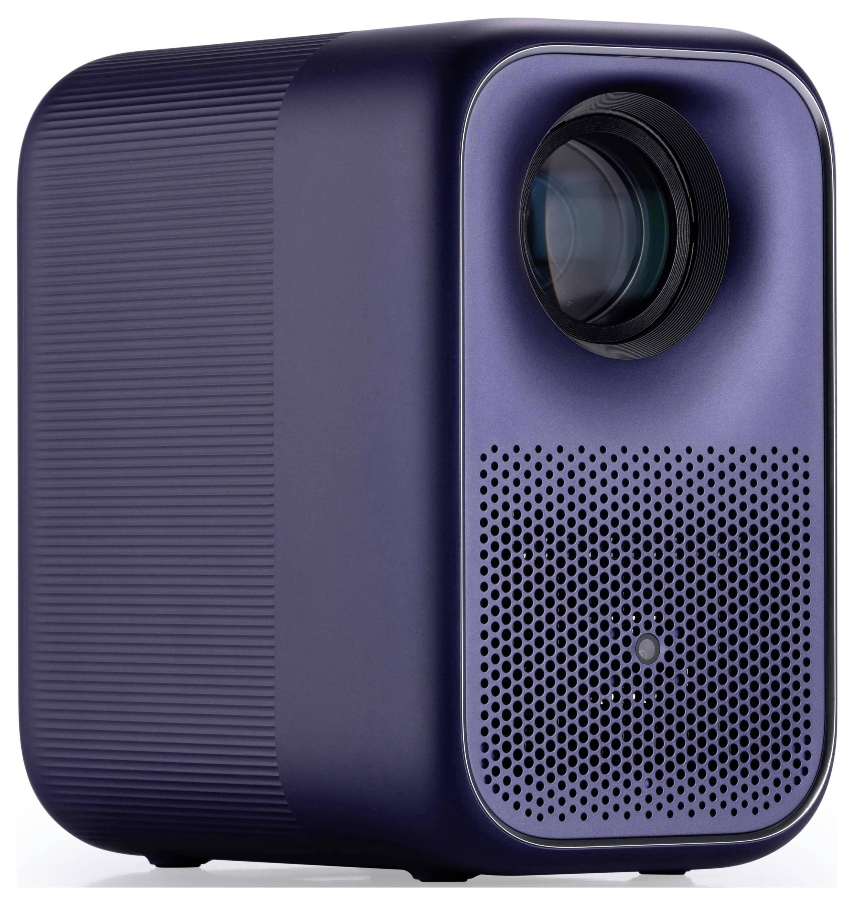 Ein kompakter, dunkelblauer tragbarer Projektor mit einer markanten Linse und gelochter Lautsprecherblende, geeignet für Heim- oder Büronutzung.