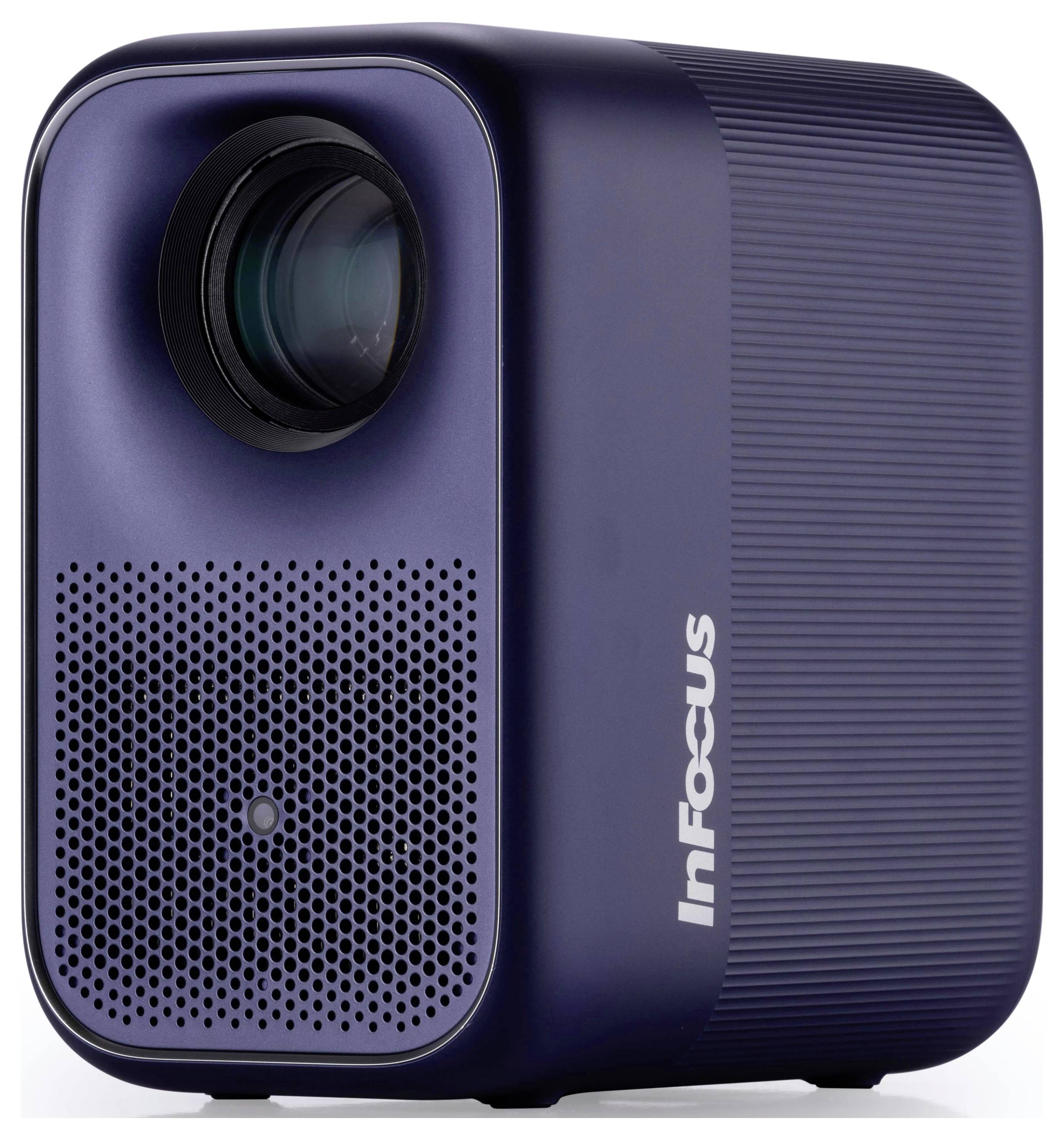 Ein kompakter, dunkelblauer InFocus-Projektor mit Objektiv und gelochter Lautsprecherblende an der Vorderseite, entwickelt für mobile Präsentationen.
