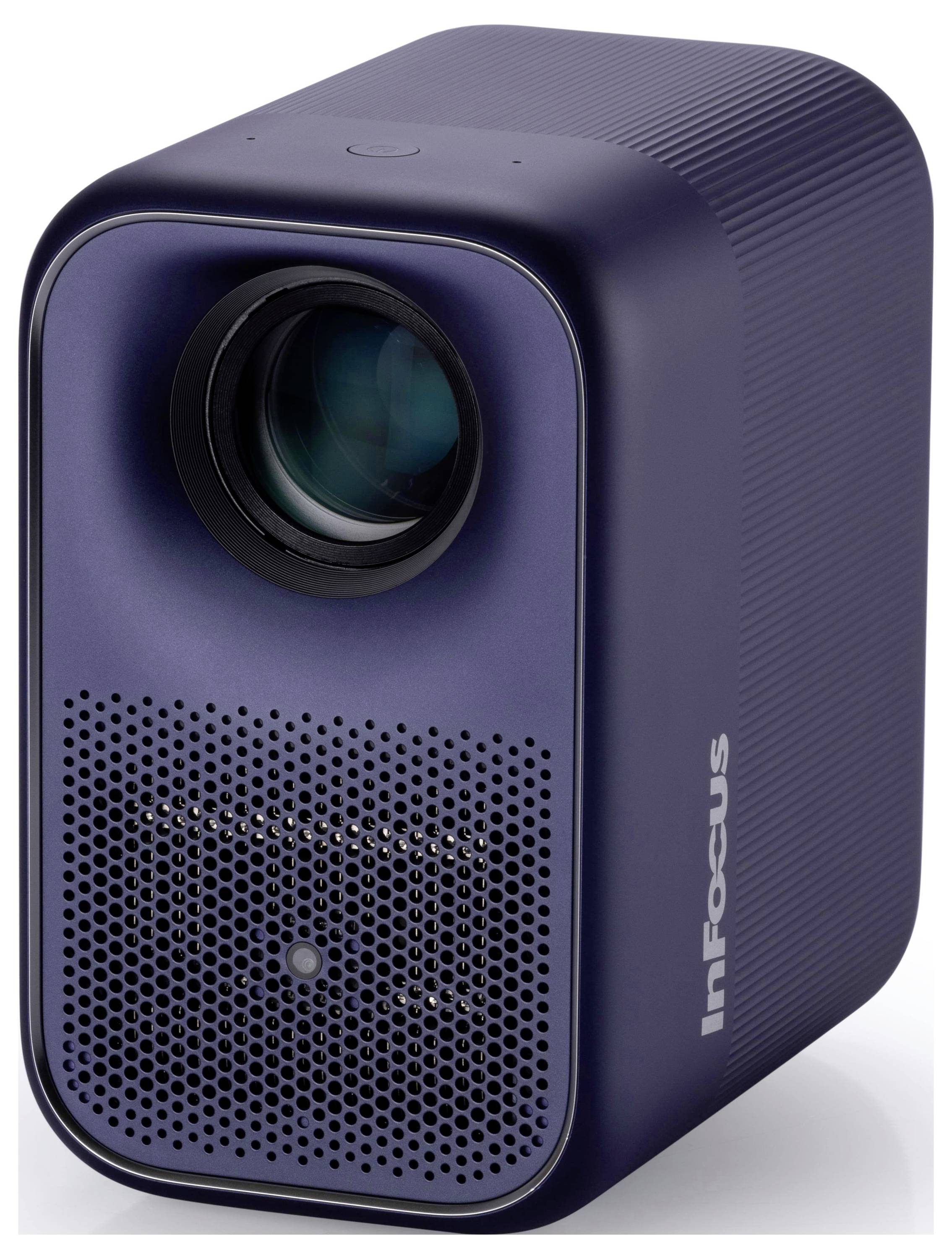 Ein kompaktes, modernes Projektionsgerät mit einer Linse auf der vorderen Oberseite und einem Lautsprechergitter darunter, mit der Markenbezeichnung 