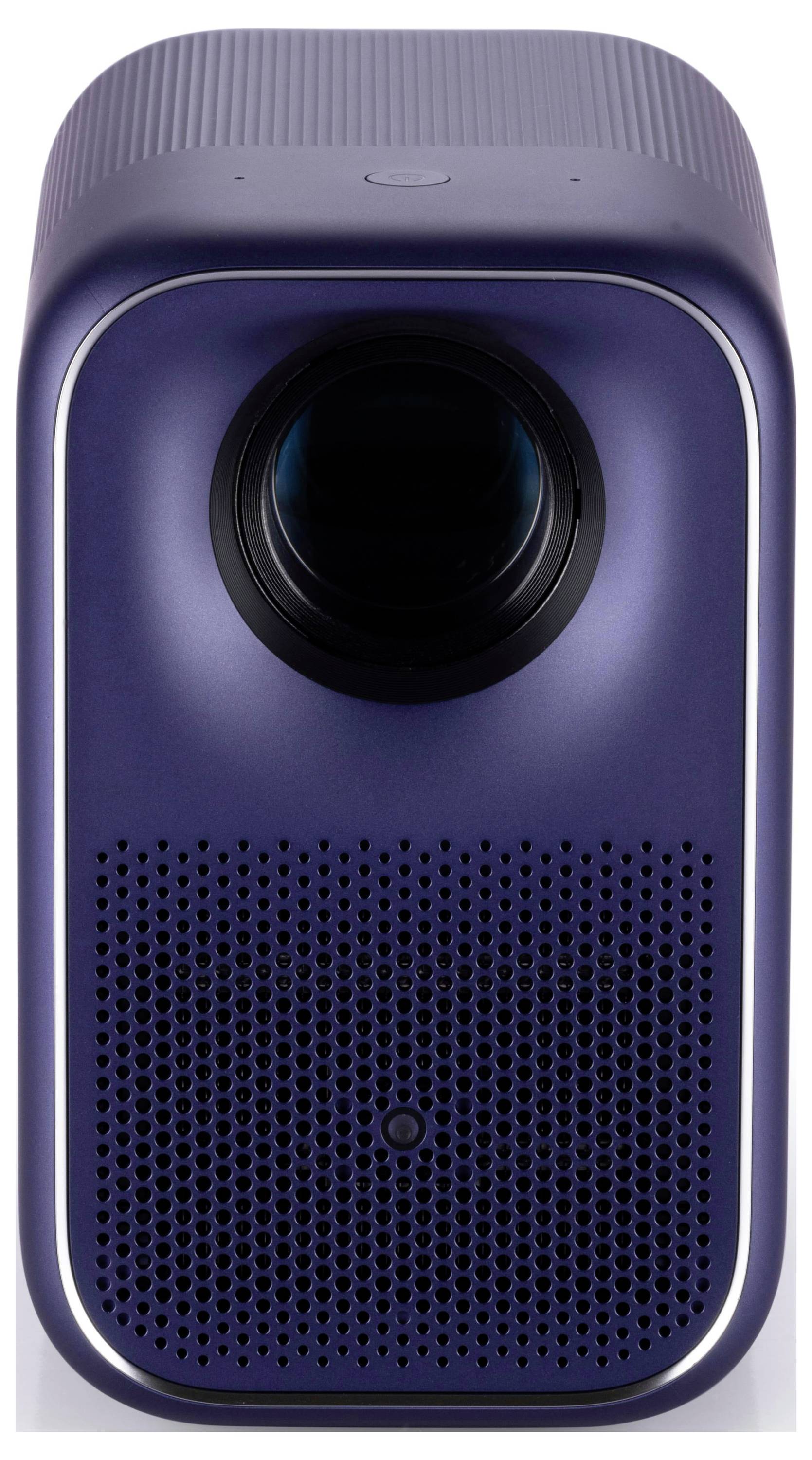 Eine Nahaufnahme eines eleganten, modernen Projektors mit dunkelblauer Außenhülle und Objektiv, das zentriert an der Oberseite positioniert ist.