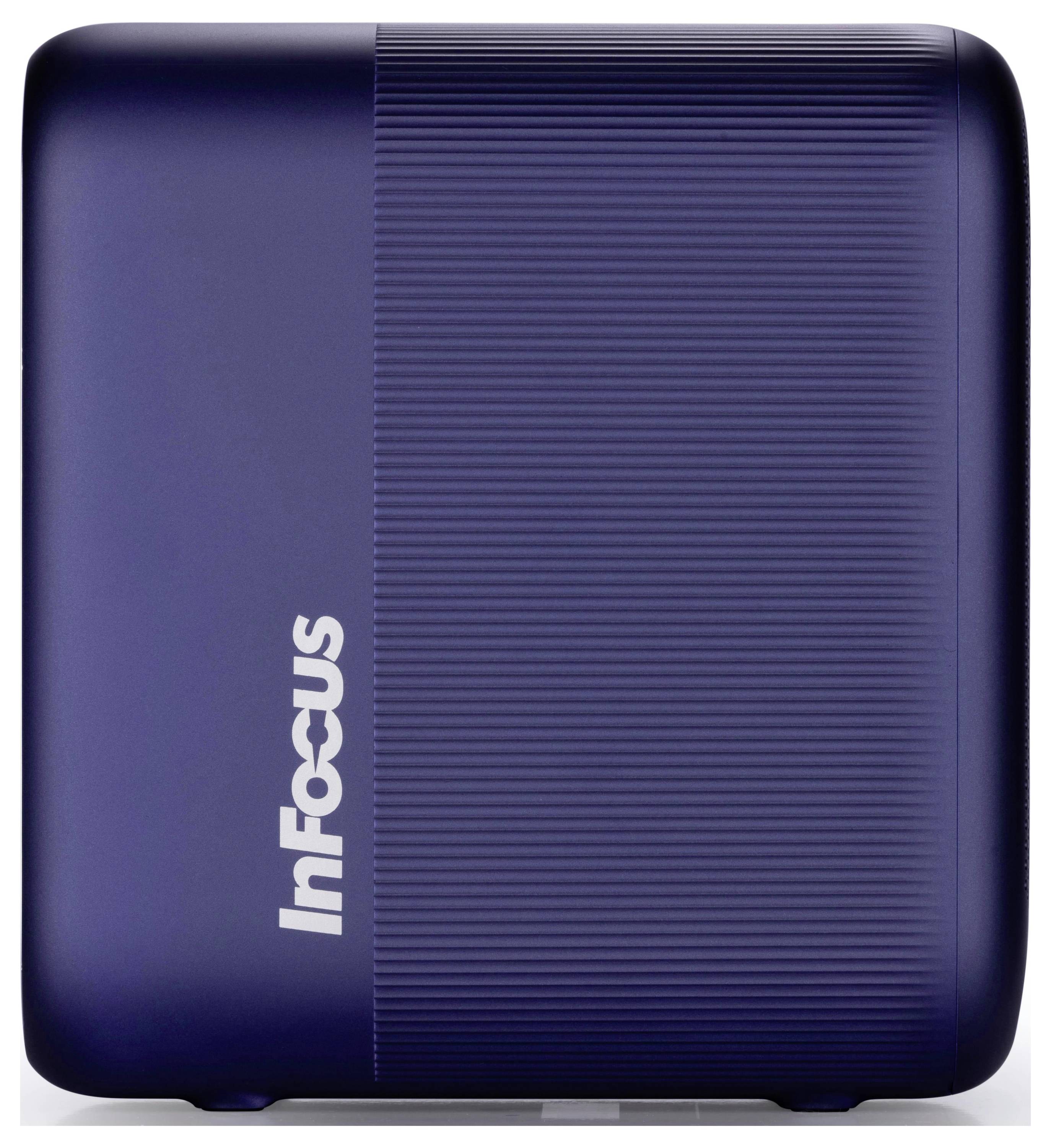 Eine schlanke, dunkelblau lackierte tragbare Projektortasche mit dem 'InFocus' Logo in Weiß.