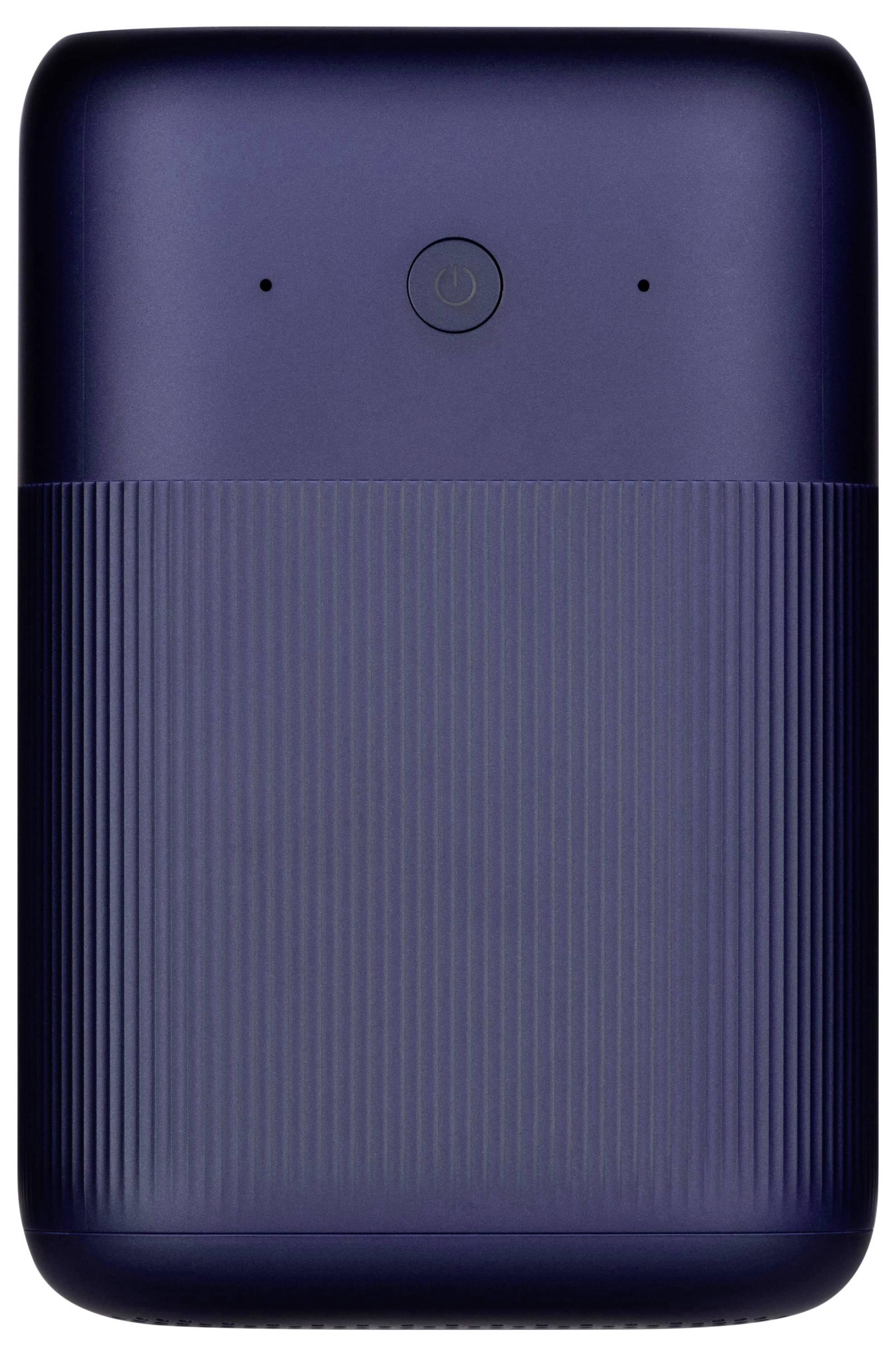 Eine blaue externe Festplatte mit einer strukturierten Oberfläche und einem zentralen Powerknopf auf der Oberseite.