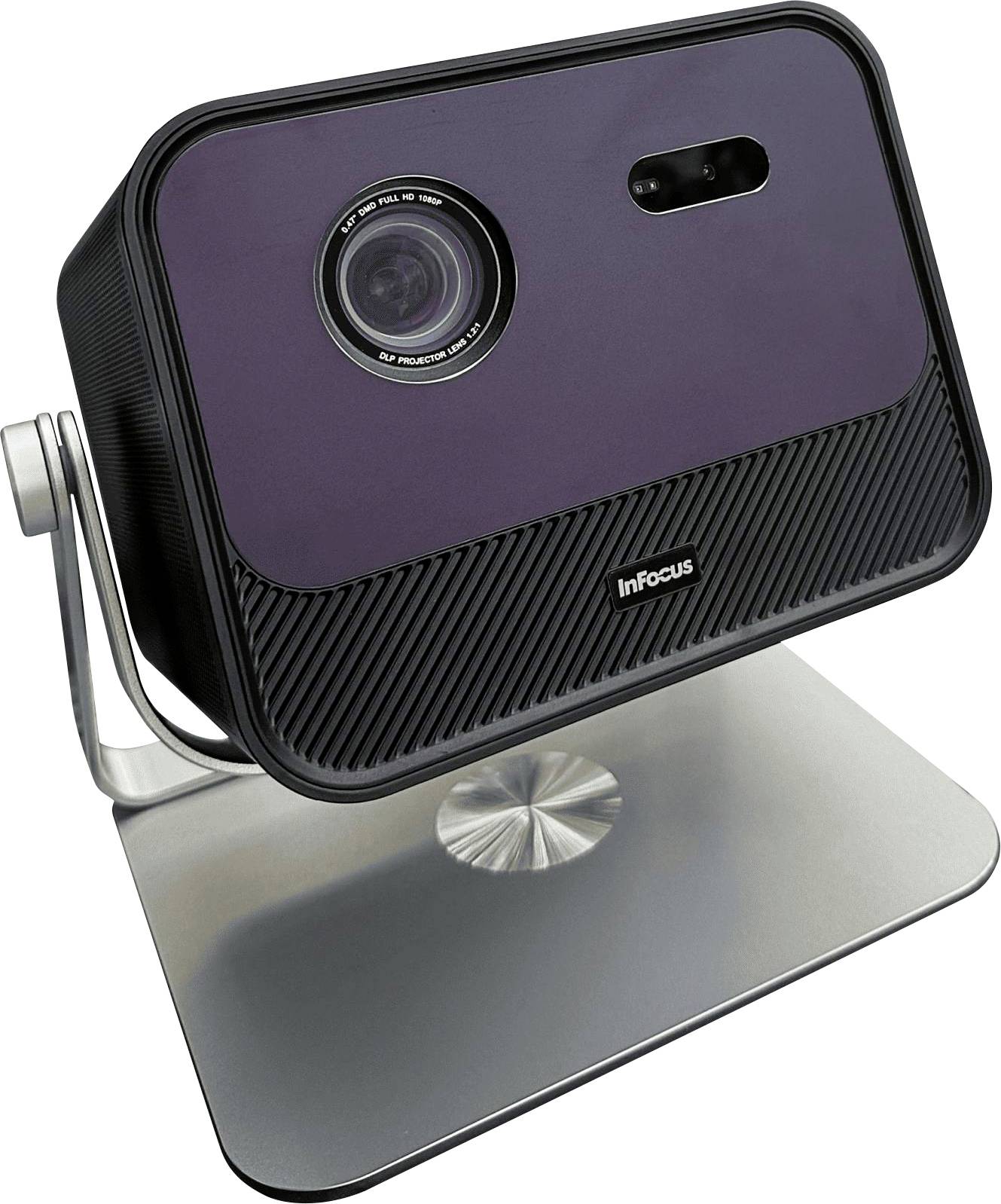 InFocus-Projektor auf einem Metallständer, nach oben gerichtet, der ein schlankes Design mit einer auffälligen Linse auf dem Frontpanel präsentiert.