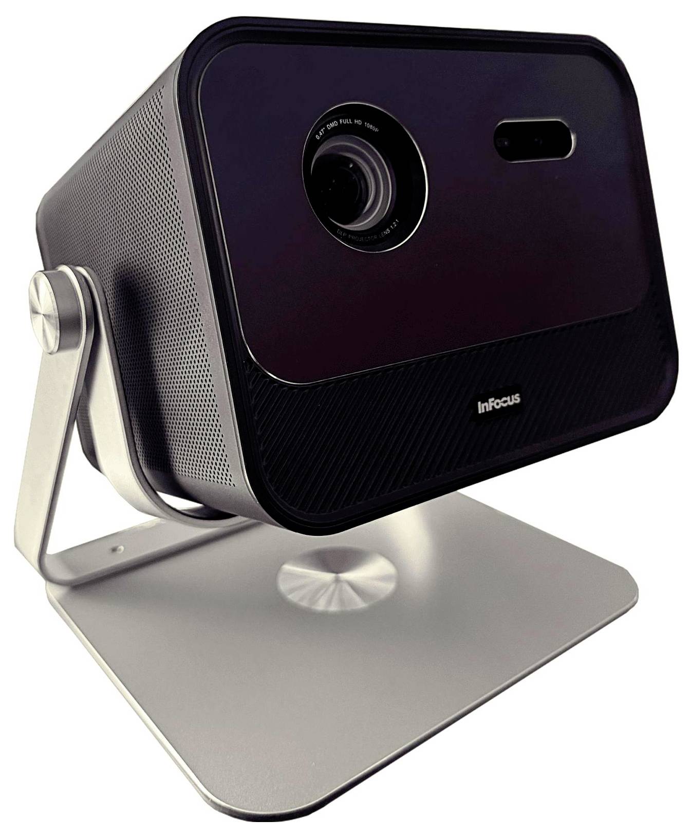 Ein moderner schwarzer Projektor, der auf einem schlanken Metallständer montiert ist und dessen Objektiv und Markenlogo an der Vorderseite zu sehen sind.