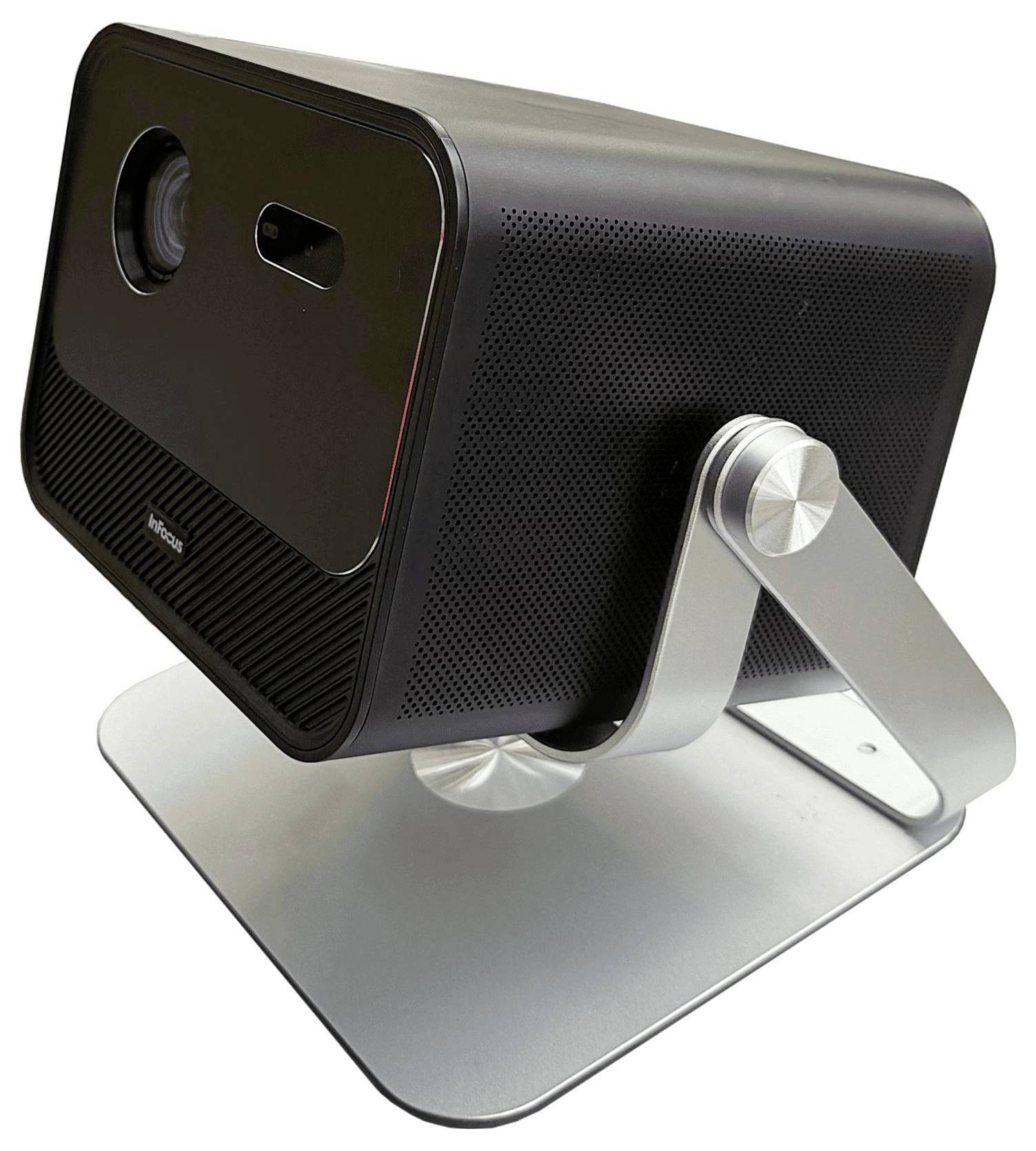 Ein schlanker, moderner Projektor mit Würfeldesign auf einem Metallständer, nach oben gerichtet.