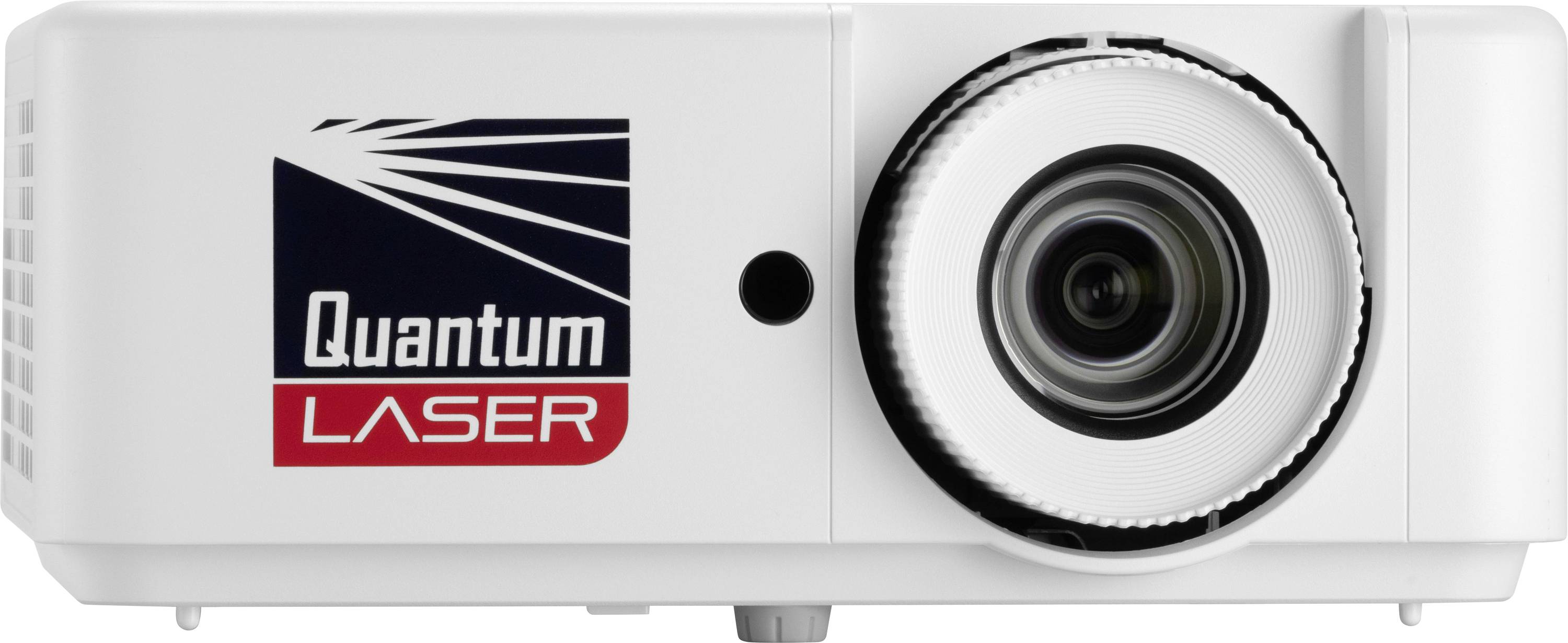Frontansicht eines weißen Projektors mit dem Logo 'Quantum LASER' auf der linken Seite. Die Linse befindet sich auf der rechten Seite und signalisiert, dass er bereit zur Projektion ist.