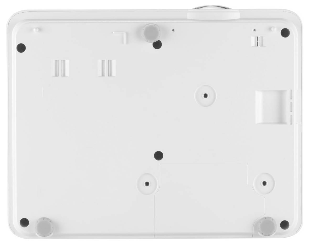 Das Bild zeigt die Unterseite eines weißen elektronischen Geräts mit mehreren Schraublöchern und erhöhten Komponenten, wahrscheinlich für Montage oder Zusammenbau.