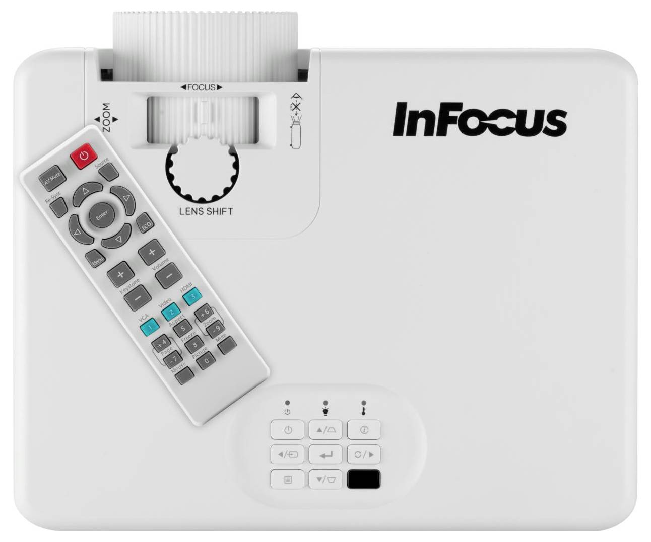 Ein weißer InFocus-Projektor mit einem Objektivverschiebungsrad, Zoom- und Fokusreglern sowie einer darauf platzierten Fernbedienung.