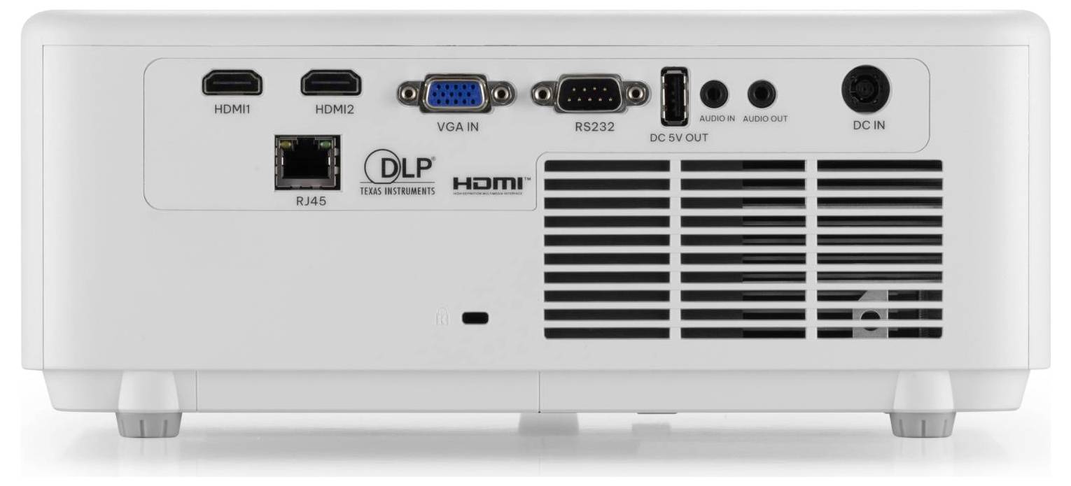 Rückansicht eines Projektors mit verschiedenen Anschlüssen, darunter HDMI, VGA, RS232, Ethernet, Audioports und einen Stromanschluss.