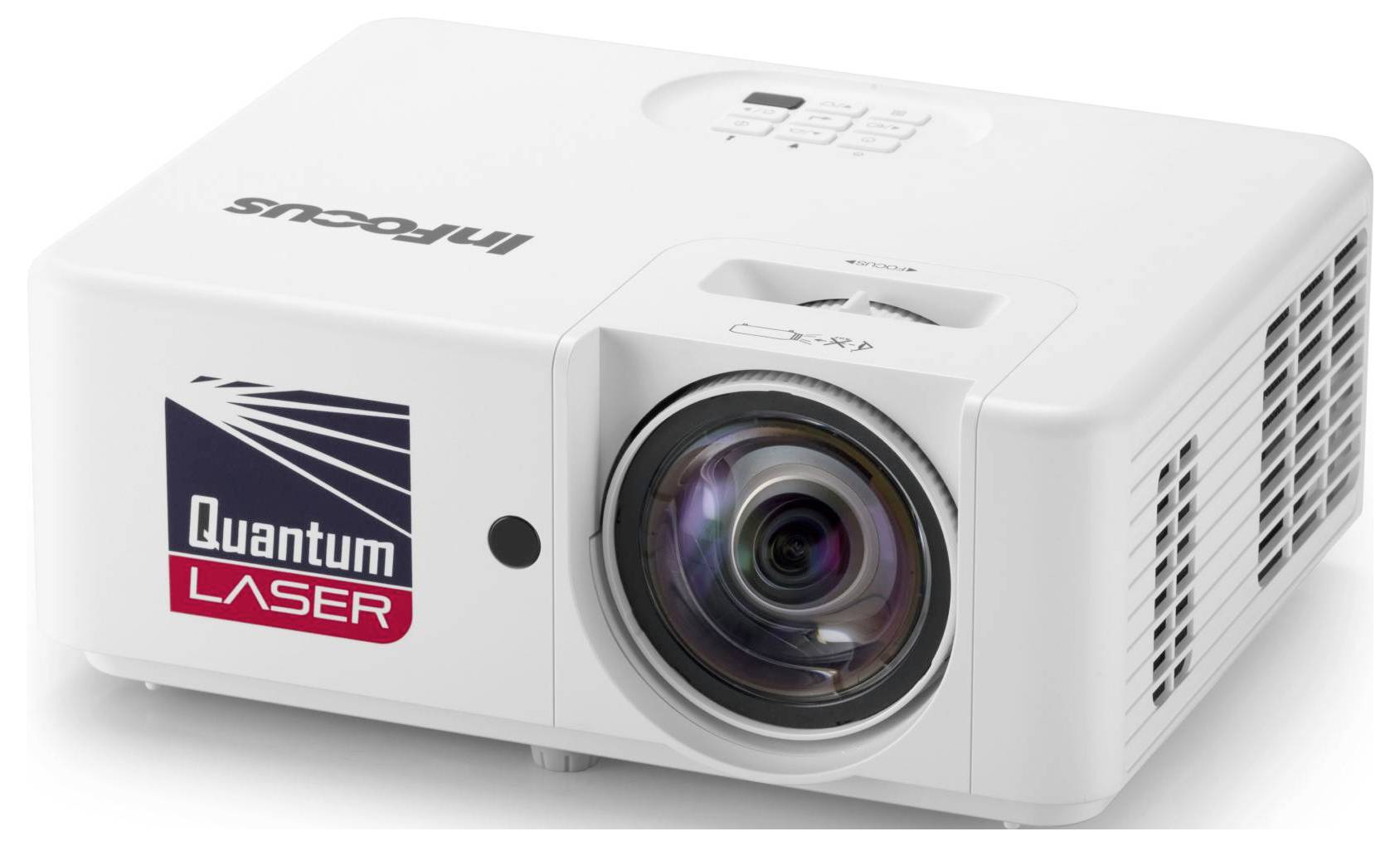 Weißer Projektor mit der Marke 'Focus' und dem 'Quantum LASER' Logo. Die Linse ist prominent an der Vorderseite, mit Bedienknöpfen oben auf dem Gerät.
